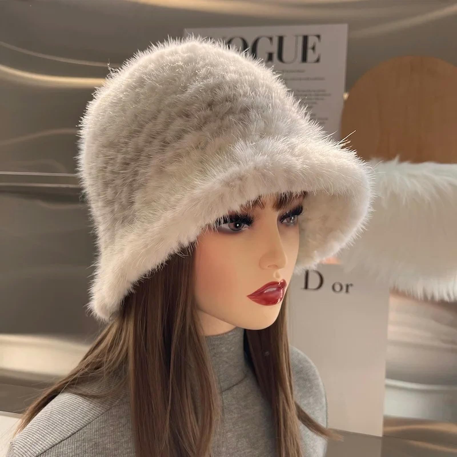 Czapka damska Puszysty Fisherman Kapelusz Miękki Zimowy Faux Fur Fuzzy Furry Ciepły kapelusz Zagęścić Szeroki Brim Plush-One Size