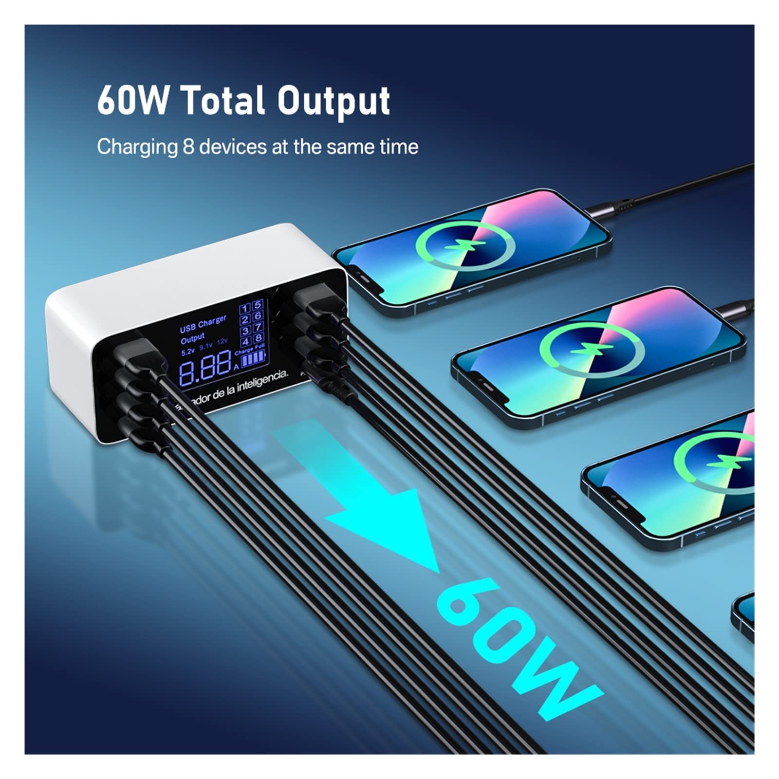 Stacja ładowania, 8 portów szybka ładowarka USB QC3.0 szybkie ładowanie typu C inteligentna stacja ładująca LCD cyfrowy wyświetlacz USB wieloportowy do telefonu(60W PD QC3.0)