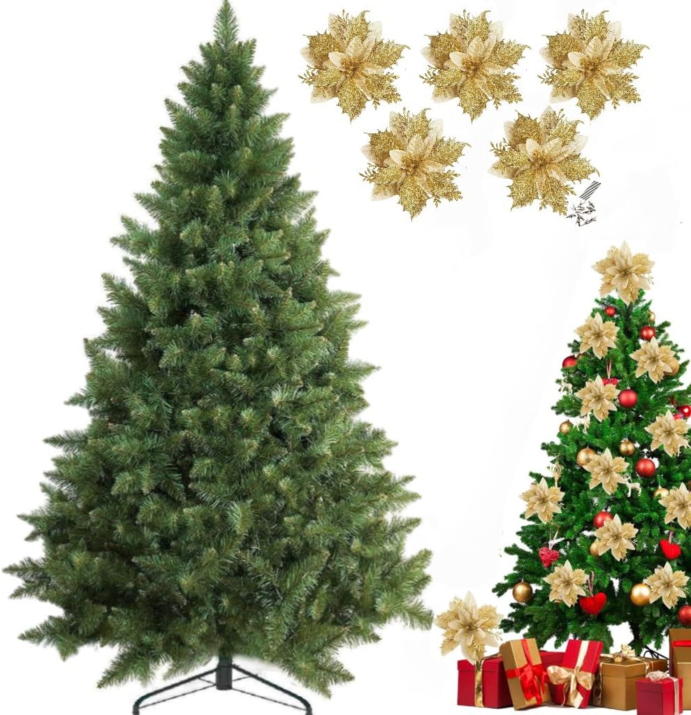 180CM Christmas Tree, Premium PVC Artificial Holiday Christmas Tree with 670 Branch Tips,Equipped with 12PCS red or goldChristmas Flowers, Ideal for Home, Office, and Xmas Party Decoration