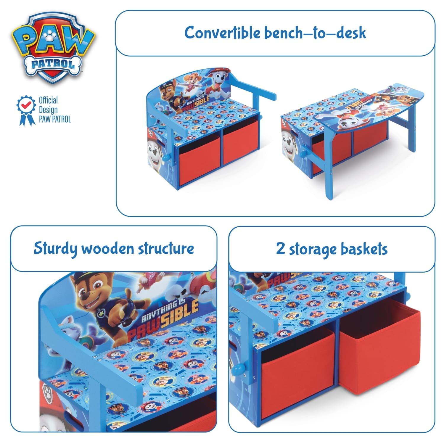 Banc à Jouets 3 en 1 en Bois modèle Paw Patrol