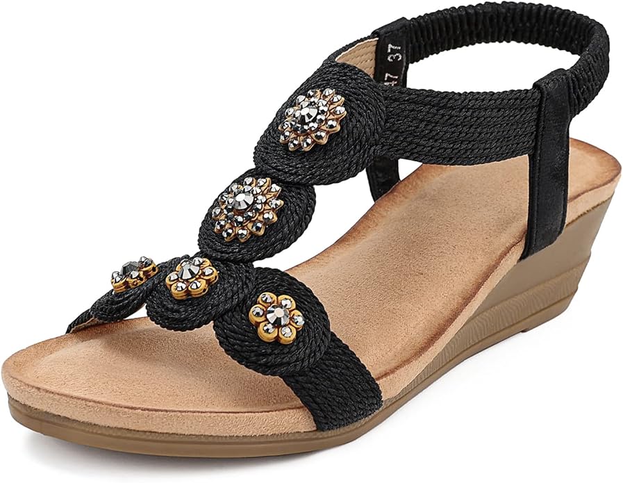SHIBEVER Wedge Sandals for Women Elastic Ankle Strap Low