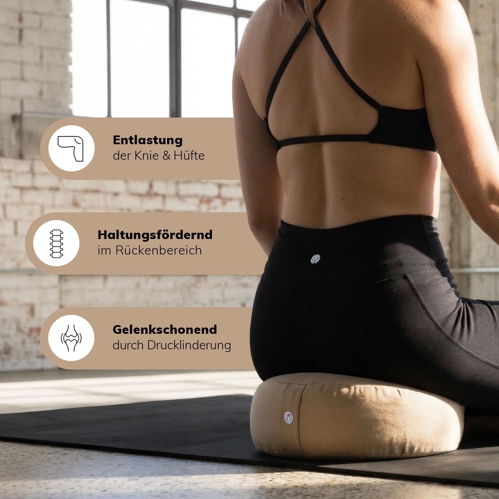 MYLILY Yogakissen Meditationskissen – Yoga Kissen rund Ø 29 cm – 10 cm flach & 255 g leicht – Sitzkissen Boden mit waschbarem Baumwoll-Bezug – vegan – Beige