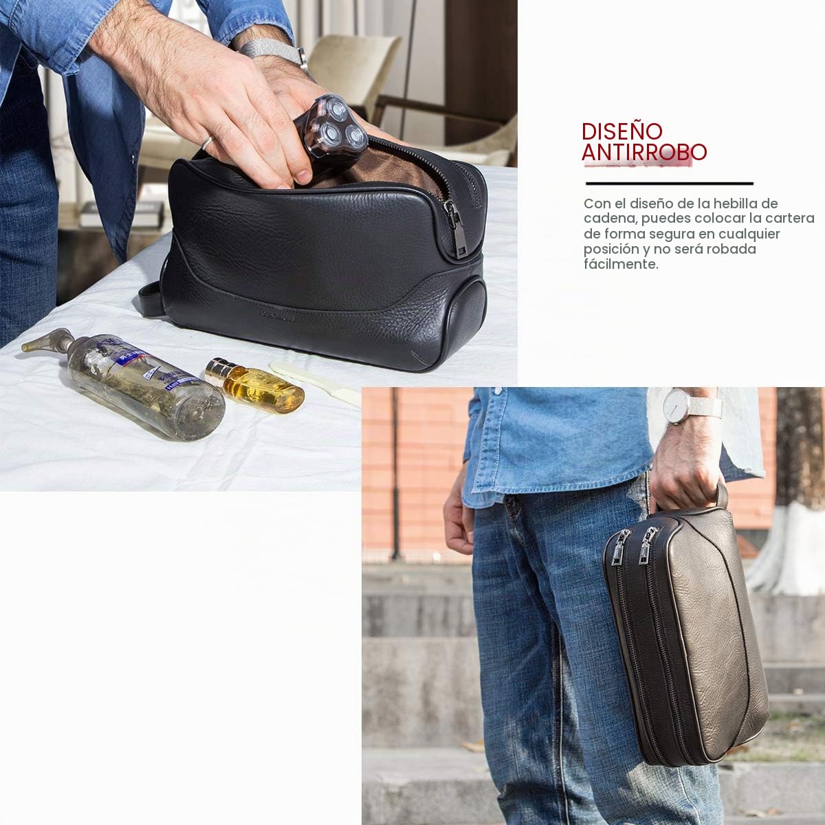 Contactos Hombre Bolsa de Aseo de Negocios de Viaje de Cuero de Vaca con Gran Capacidad Doble Cremallera