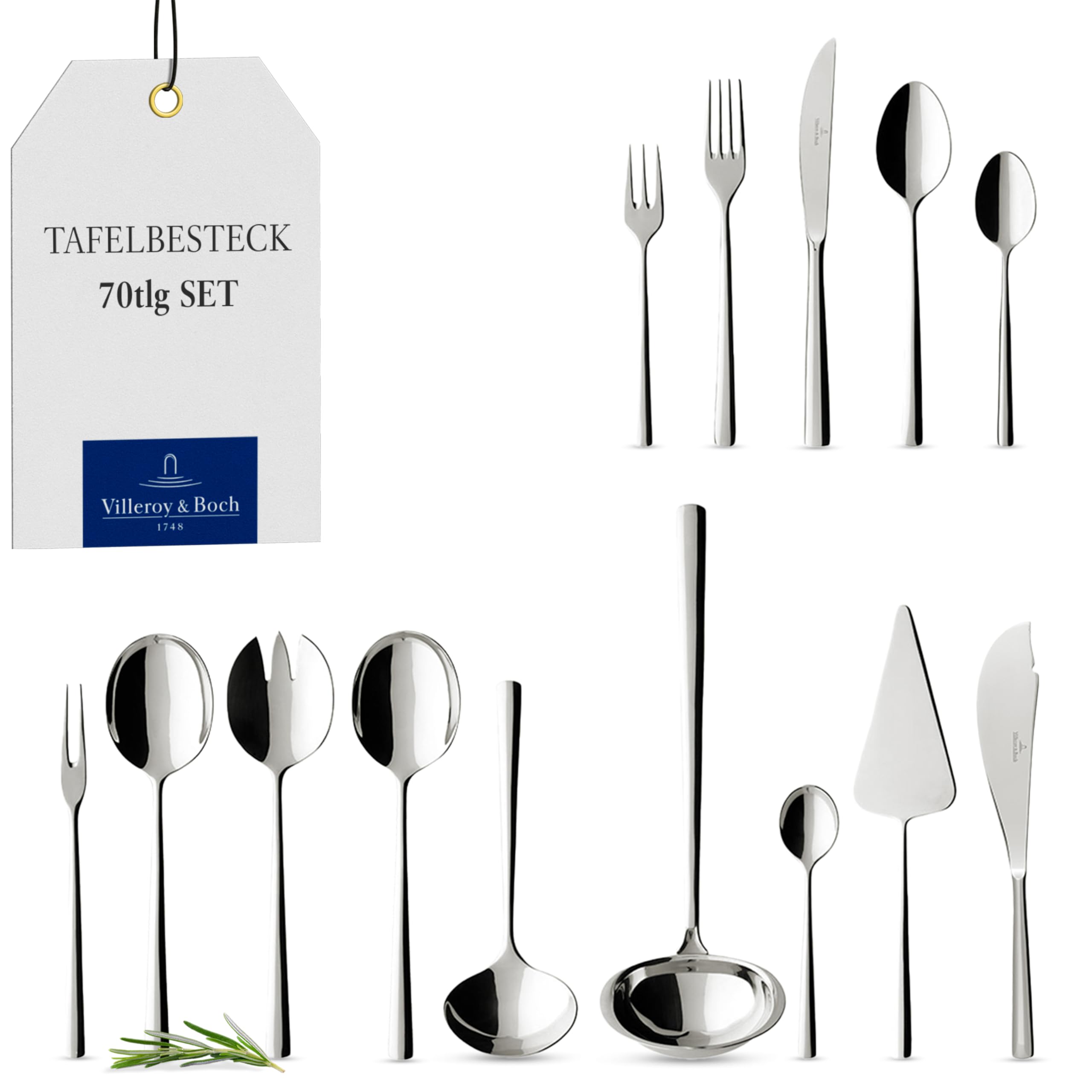 Villeroy & Boch - Piemont Besteckset 70-teilig Silber, Spülmaschinenfest, Besteck Set für 12 Personen, Besteckset Platin, Besteck, Edelstahl