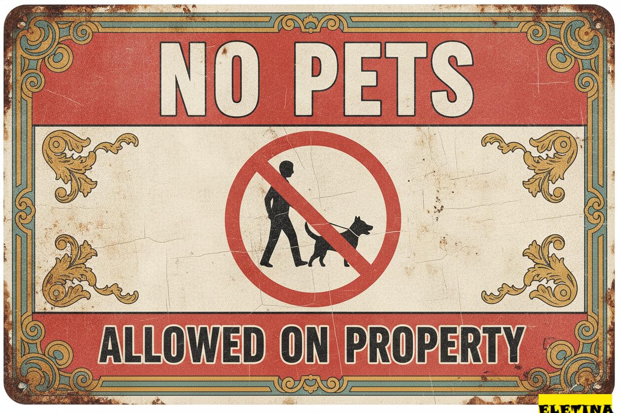 No Pets Allowed On Property Tin Warning Sign Weather Resistant UV Protected Rust Free Trails Gardens Bar 8x12in