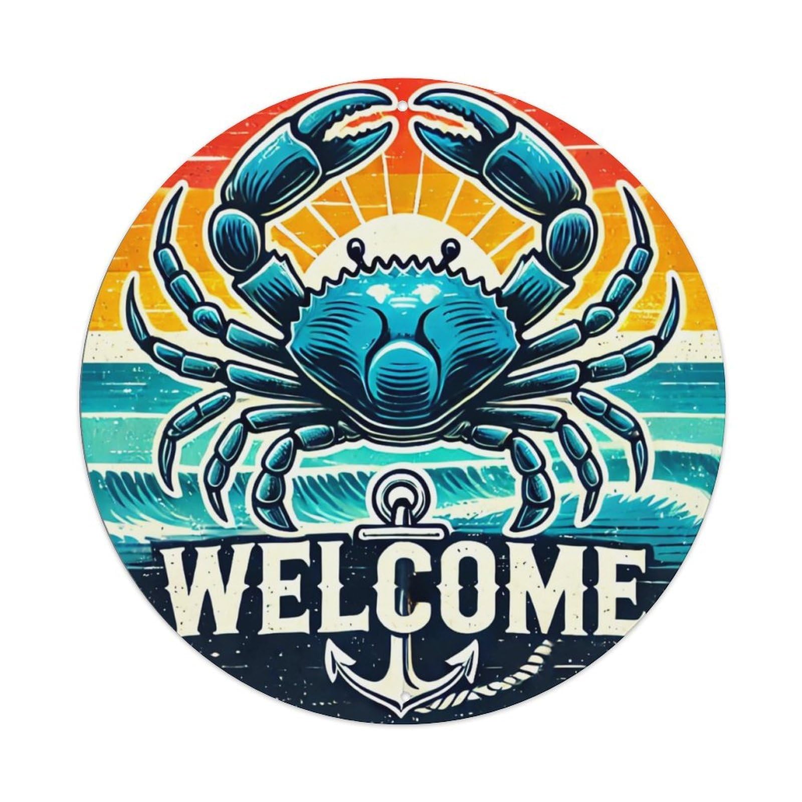 Vintage Crab Sunset Welcome Anchor Design Tin Sign Metal Poster Vintage Metal Signs for Home Man Cave Bar Cafe Kitchen laundry room Wall Decorations 8x8 inches