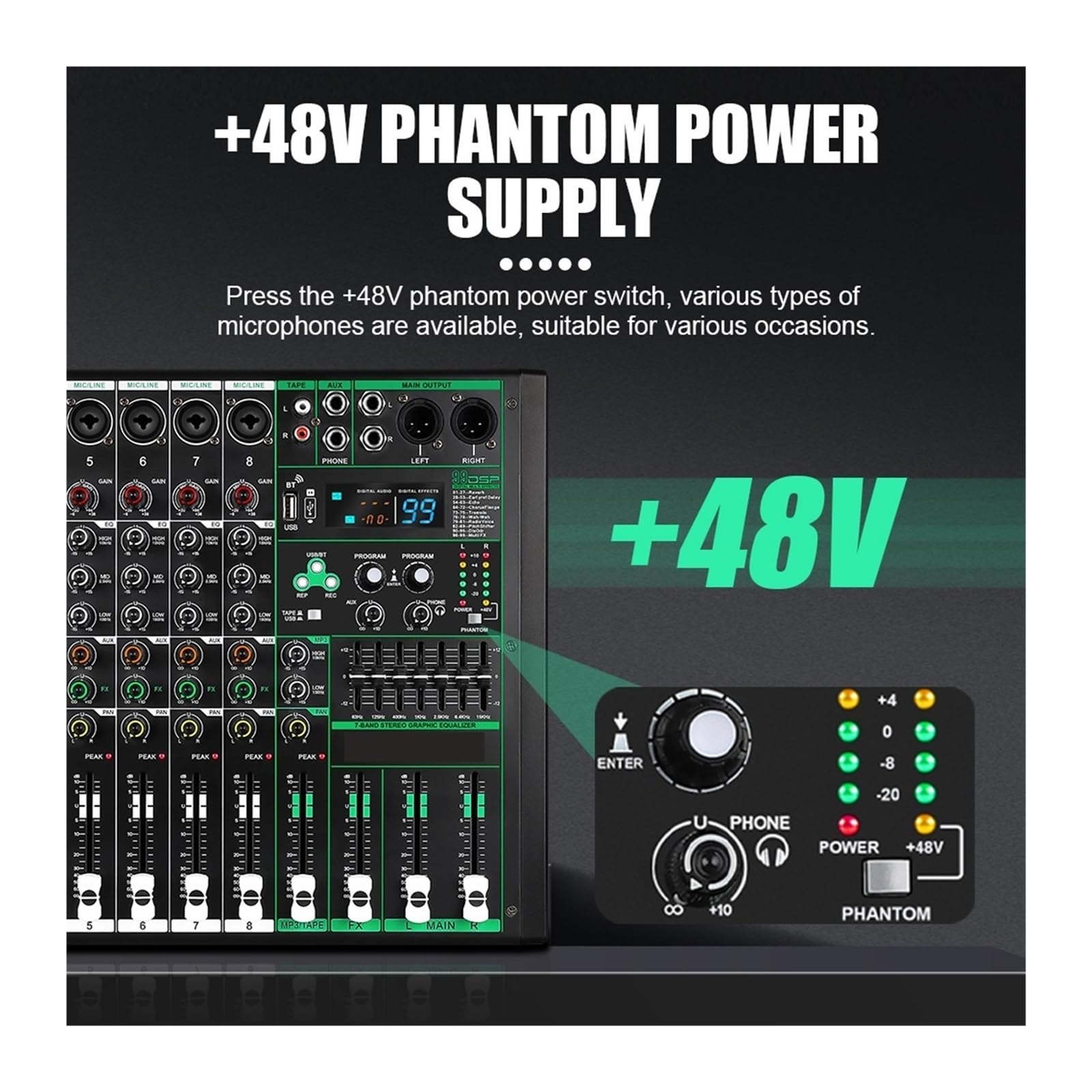 Audiomixer, 8 kanäle Audio Mixer Sound Tisch Professionelle DJ Mischpult 99 DSP Effekte 48V Phantom Power for Sta Studio für Studio-Karaoke