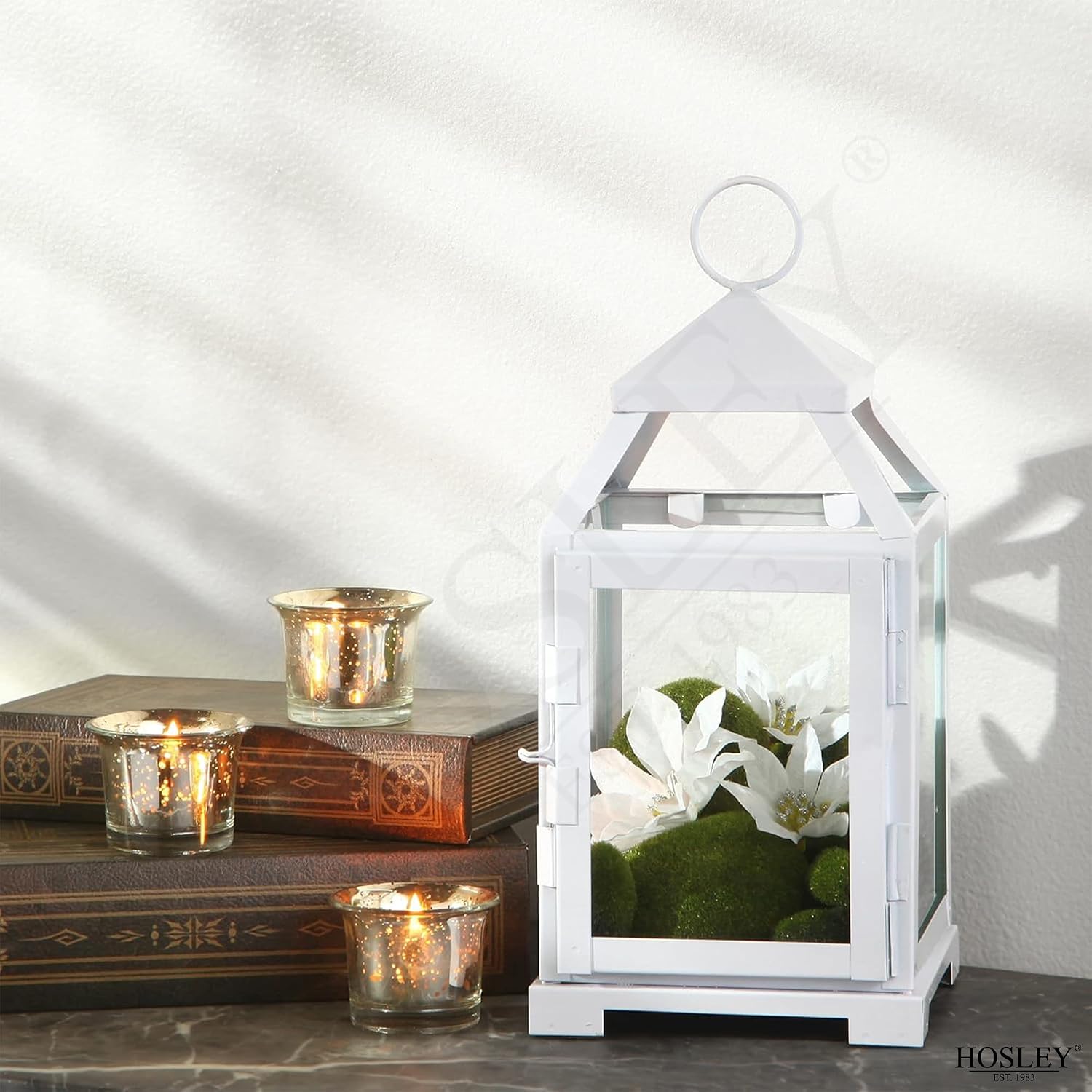 Hosley Set of 2 Clear Glass and Iron White Color Farmhouse Classic Style Lantern 12 Inch High Ideal Gift for Weddings Bridals Special Occasions Parties Aromatherapy and Spa Settings O4 image 3