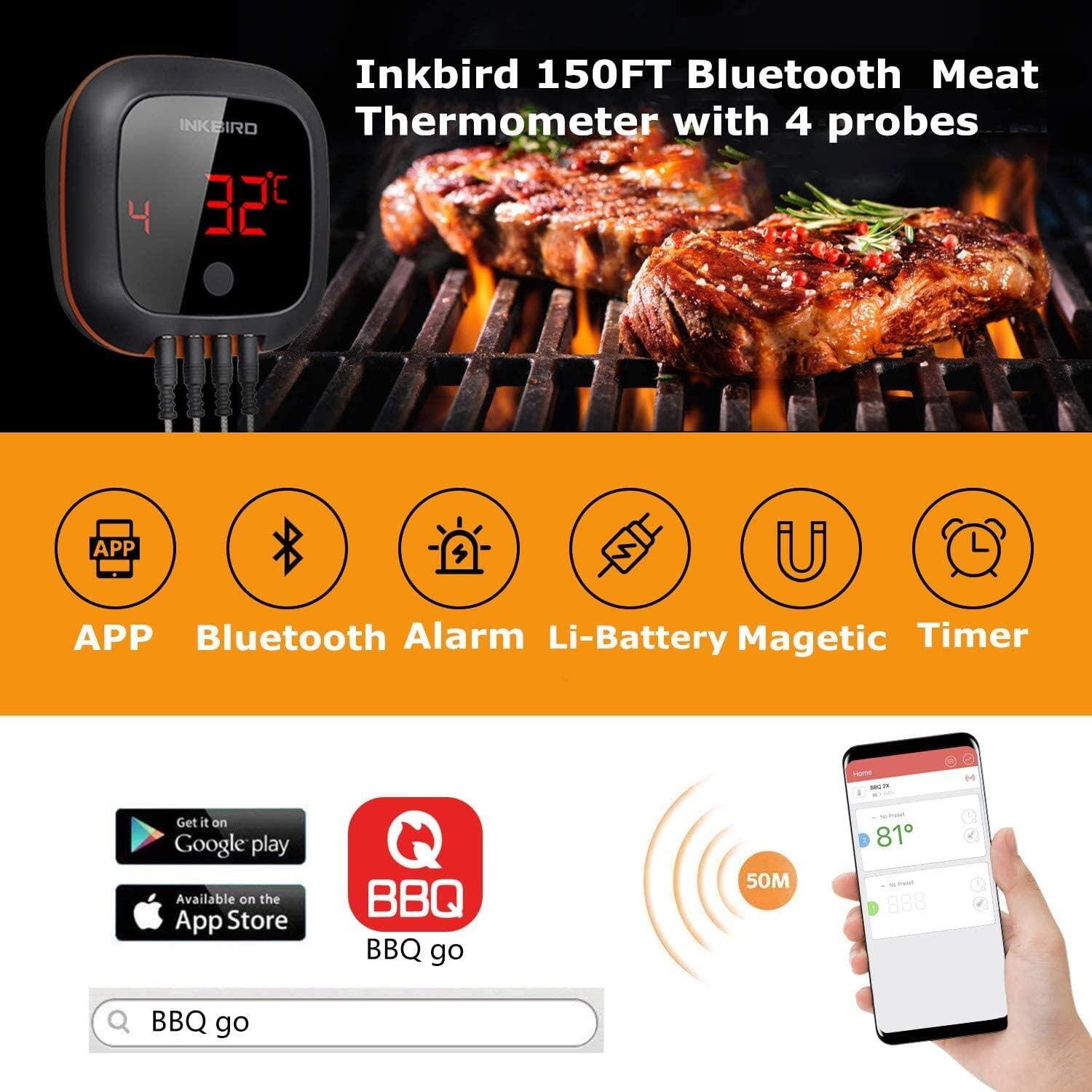 review Inkbird Bluetooth Meat Thermometer, Four Probes Grill Meat Oven Thermometer with 150 ft Bluetooth Remote Range,Magnet, High and Low Alarm, Timer for Smoker,Kitchen Cooking,Homebrewing
