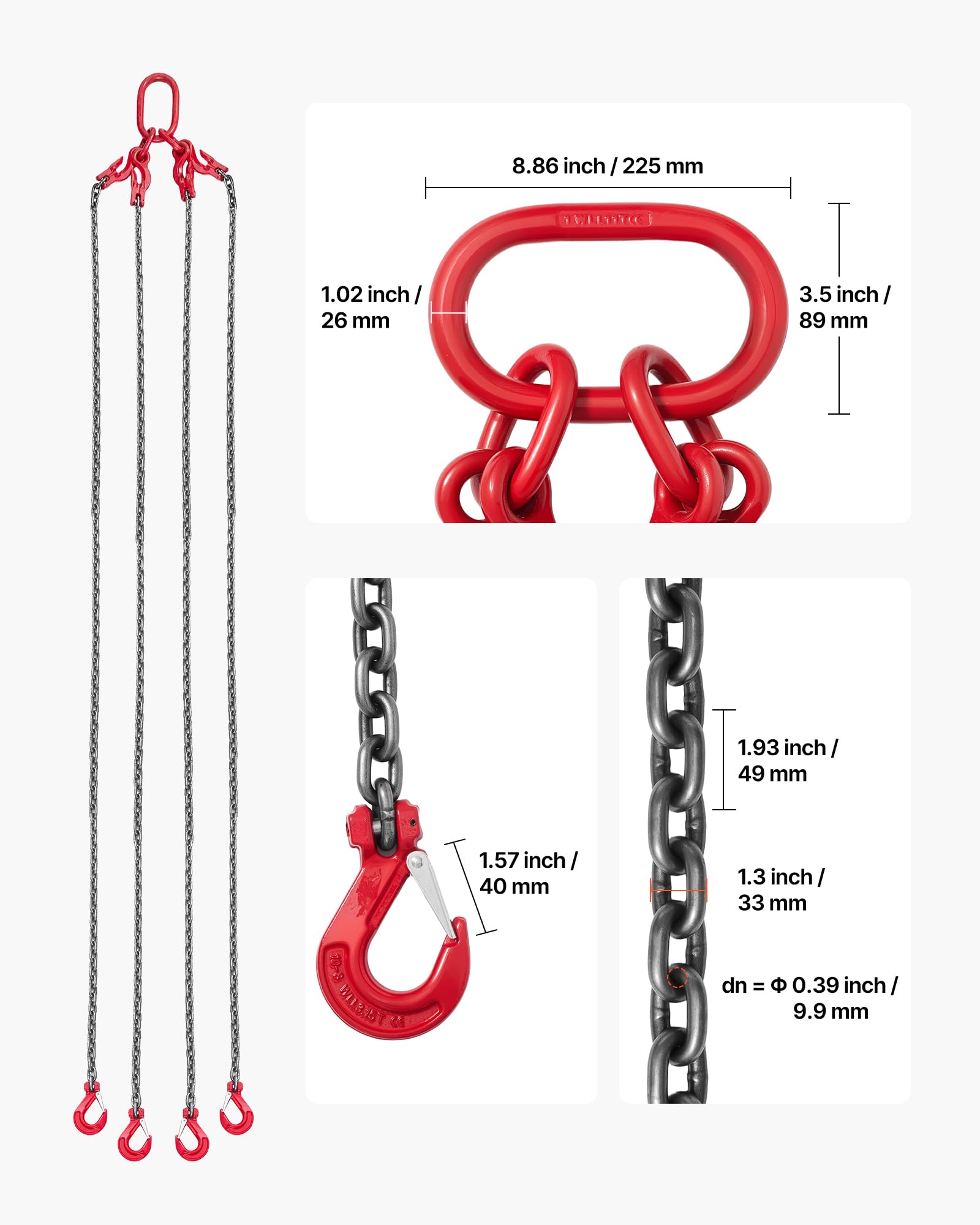VEVOR Catene di Sollevamento con Ganci, Cinghia di Sollevamento a Catena, 10 mm x 3 m con Ganci di Presa a 4 Gambe, Catena per Gru in Lega di Acciaio G80, Capacità di 10,4 T, per Traino del Carico