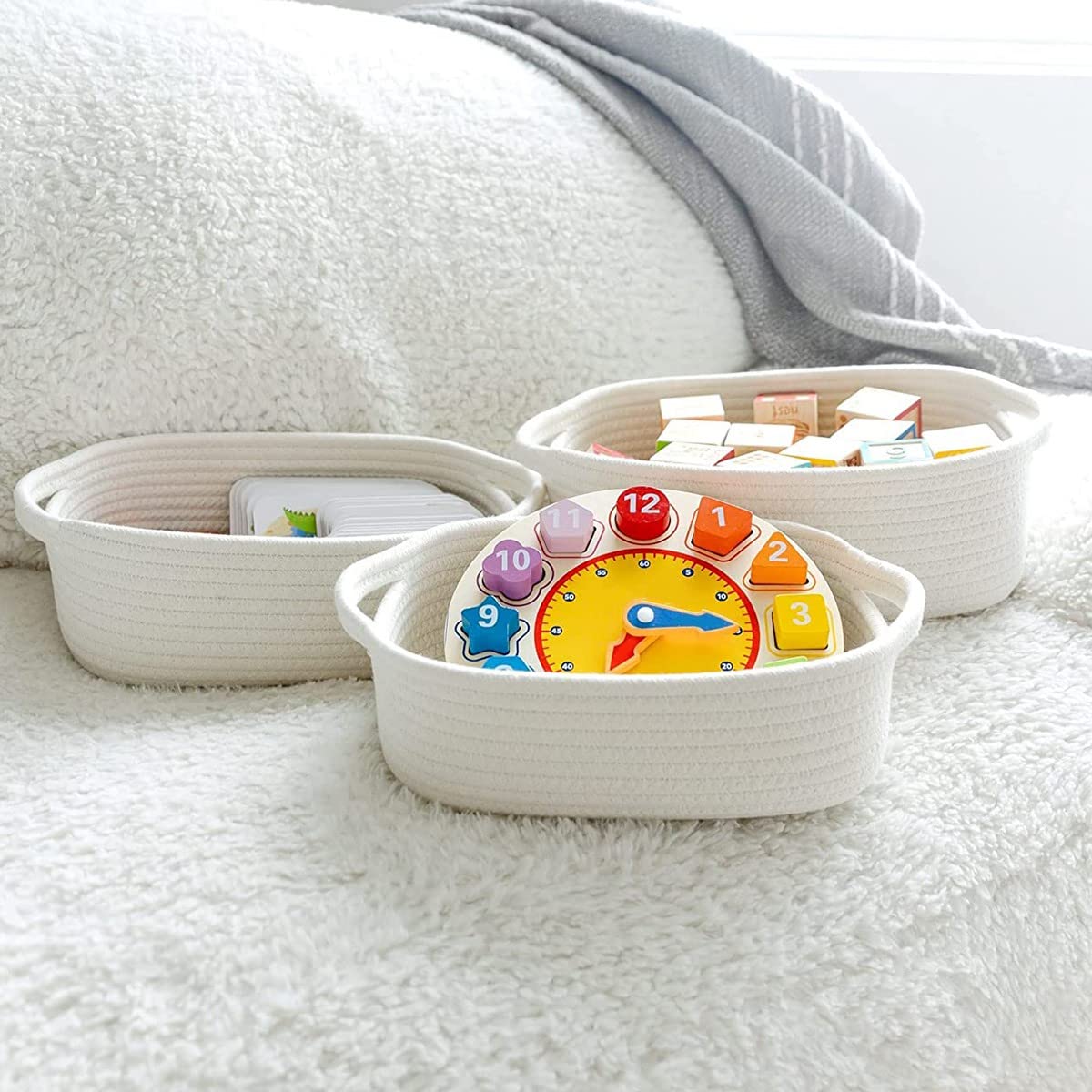 HLWDFLZ 7-delige katoenen touw geweven mand set - geweven opbergmand huisdieren speelgoed katoenen touw mand voor organiseren, kleine mand voor Montessori, hond kat speelgoeddoos, babykamer