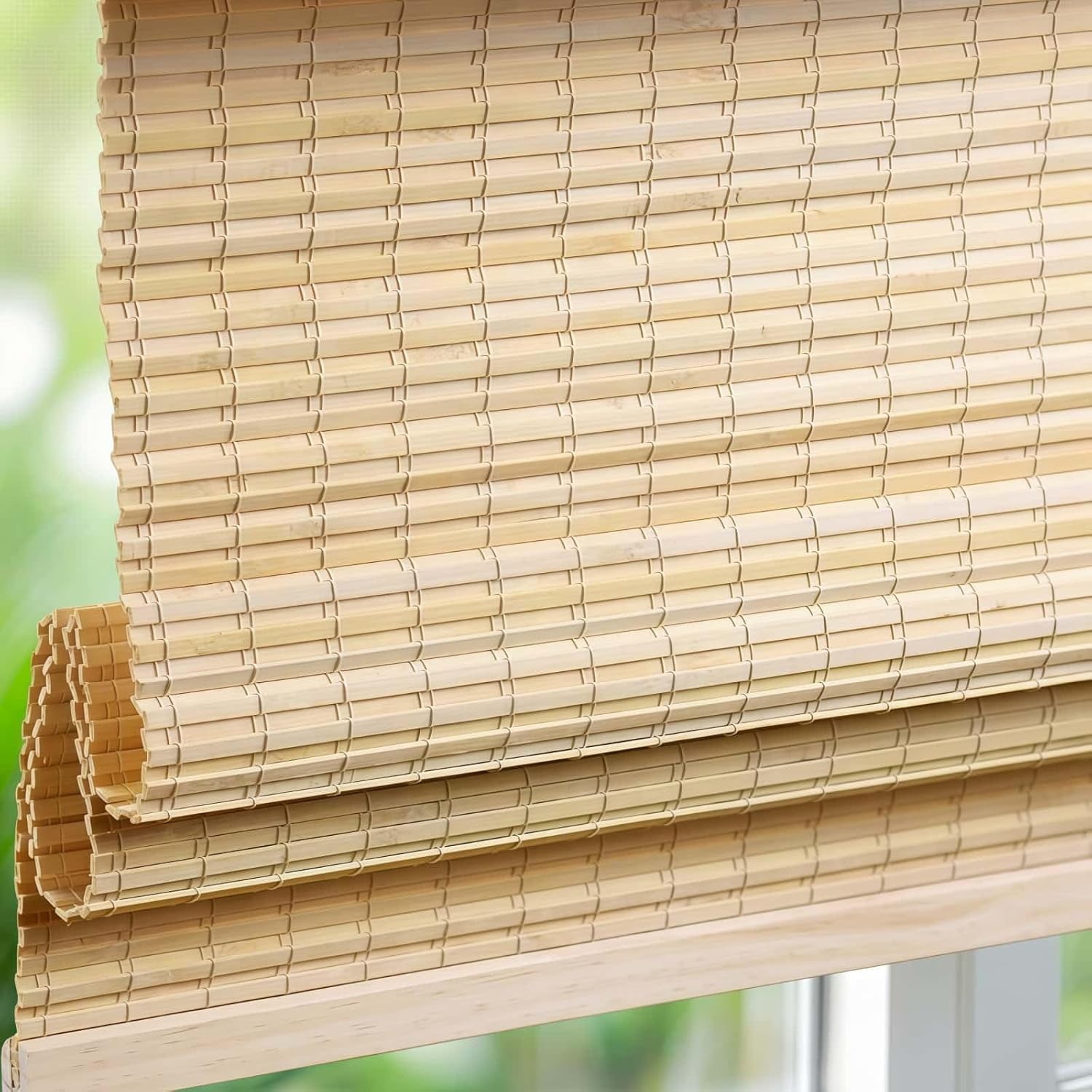 Cordless Bamboo Blinds Easy to Install Light Filtering Anti-Glare for Semi-Private Light Control Customize Roman Window Shades.64 W x(20" H to 115" H Customizeize) Original Bamboo Color.