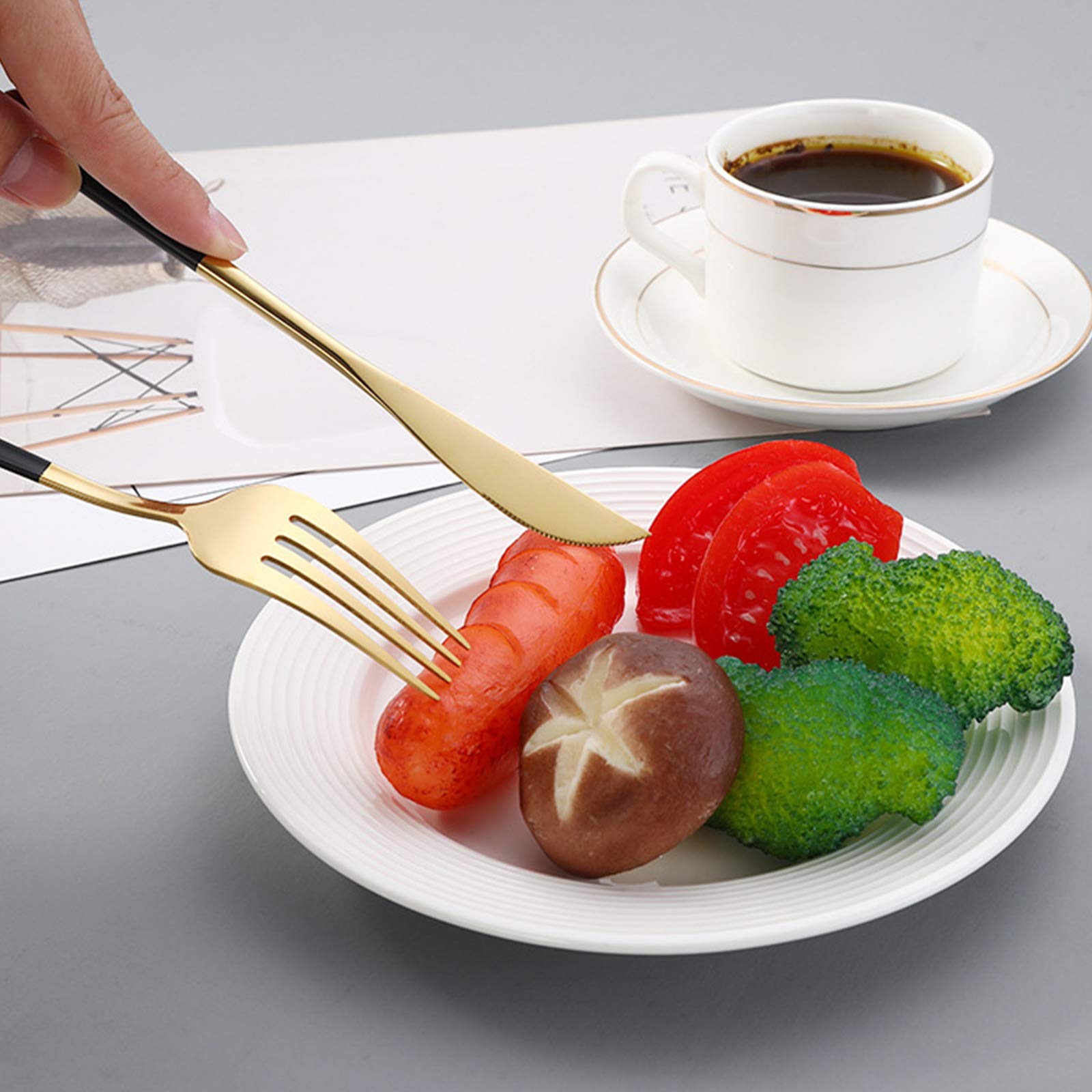 rismart Edelstahl 24 Teile Besteck Set Silberbesteck mit Messer, Kaffee Suppe Teelöffel, Gabeln Gold Schwarz