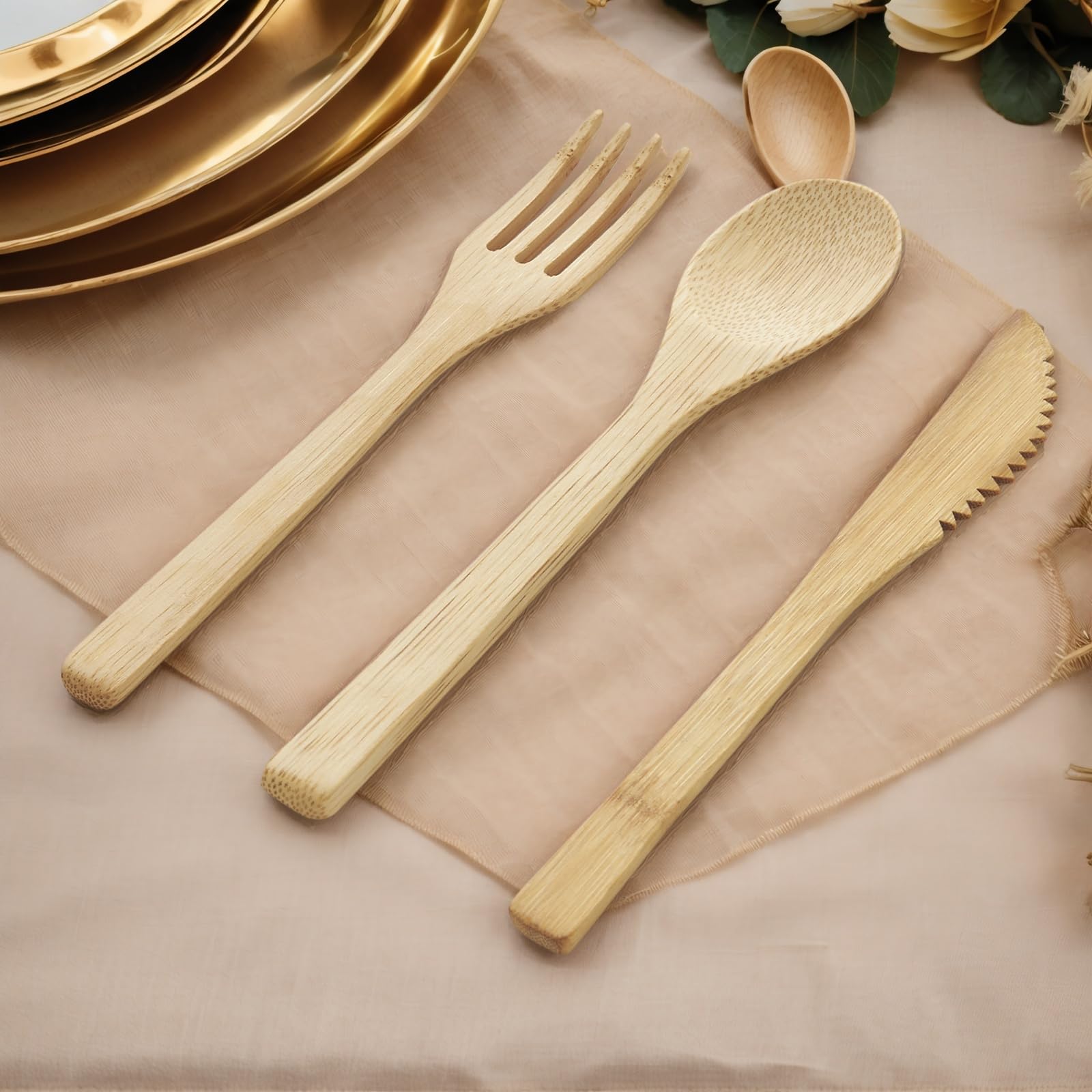 Set di 30 posate in bambù – Set di 10 cucchiai e 10 forchette, in legno riutilizzabile, durevole, smontabile