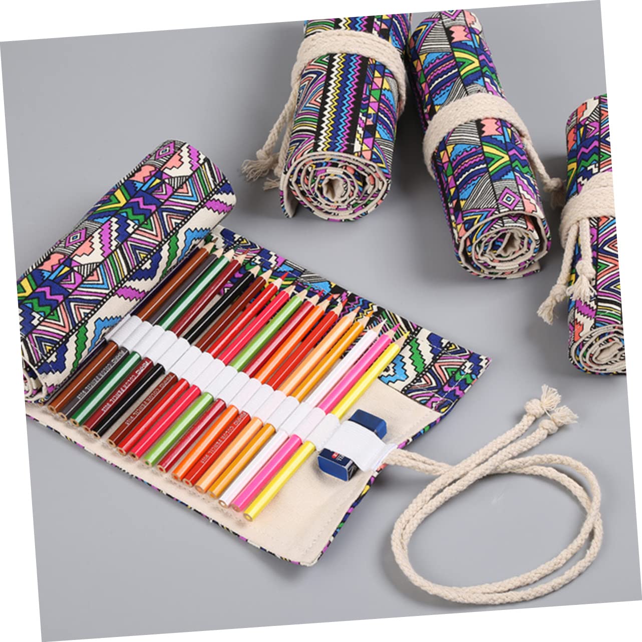 STOBOK 3piezas Estuche Portátil De Lápices De Estilo Bolsa De Canvas Hecha Mano Organizador Capacidad para Lápices para Dibujantes y Artistas Diseño Enrollable Cierre