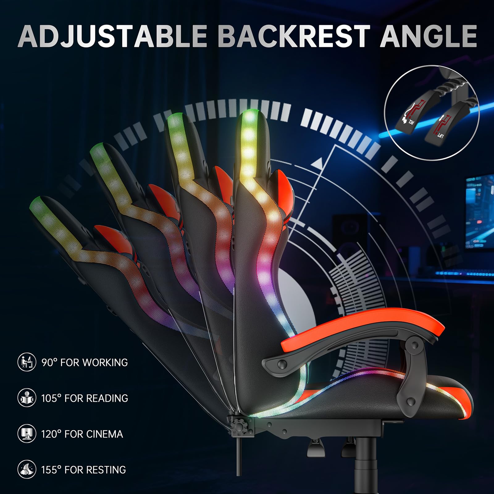 Silla para videojuegos con iluminación LED, silla ergonómica con luz RGB, reposacabezas ajustable y soporte lumbar, piel sintética, silla de oficina, altura e inclinación ajustable (negro y rojo)