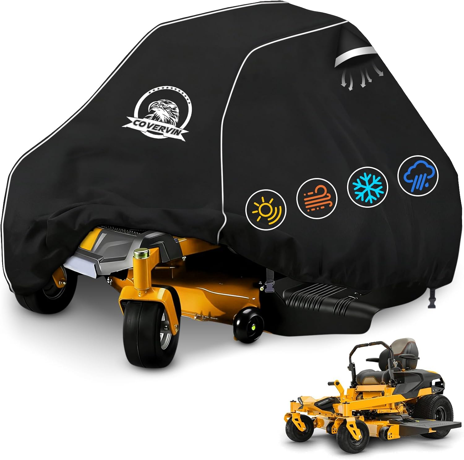 COVERVIN Zero Turn Lawn Mower Cover-Waterproof 420D Marine Grade Fabric Universal Lawn Tractor Cover Fit for John Deer,Cub Cadet Zero Turn Up to 60" Lawn Mower Decks -Black (79“ L x 46” W x 55" H)