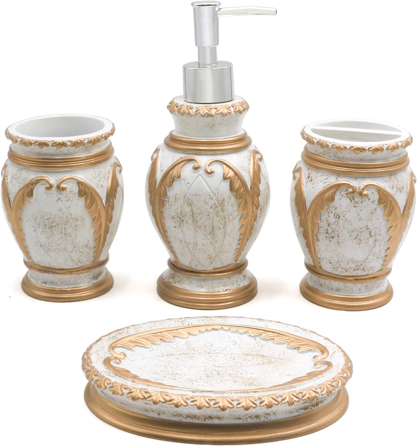 LUANT 4 Pieces Bathroom Accessory Set Including Tumbler, Toothbrush Holder, Soap Dish and Soap Dispenser, Black with Gold