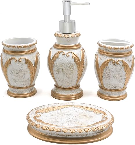 LUANT Juego de accesorios de baño de 4 piezas, incluye vaso, soporte para cepillo de dientes, jabonera y dispensador de jabón, blanco con dorado
