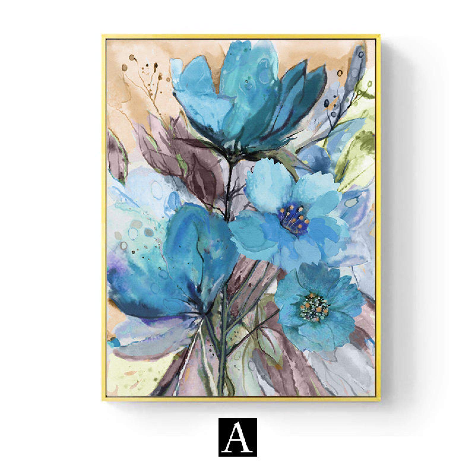 Acuarela flores azules cartel planta abstracta lienzo pintura moderna pared arte impresión imagen pasillo sala de estar decoración 70x90cm marco interior
