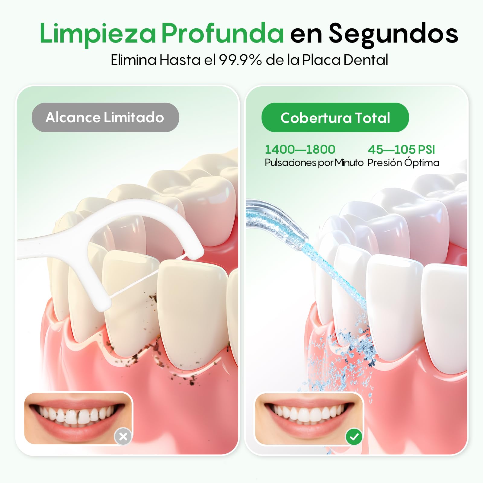 FRESKO Irrigador Dental Portatil, 300ML Irrigador Bucal con 4 Modos 45-105PSI, Batería 2600mAh, impermeable IPX7, 5 Boquillas para Ortodoncia e Implantes, Para el Hogar y los Viajes