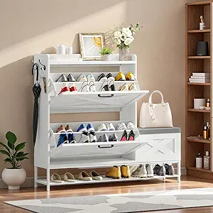 DWVO Farmhouse Shoe Cabinet Bench with 2 Flip Drawers for 16 Pairs, Chic Entryway Bench and Rustic Design for Living Rooms and Hallways (White)