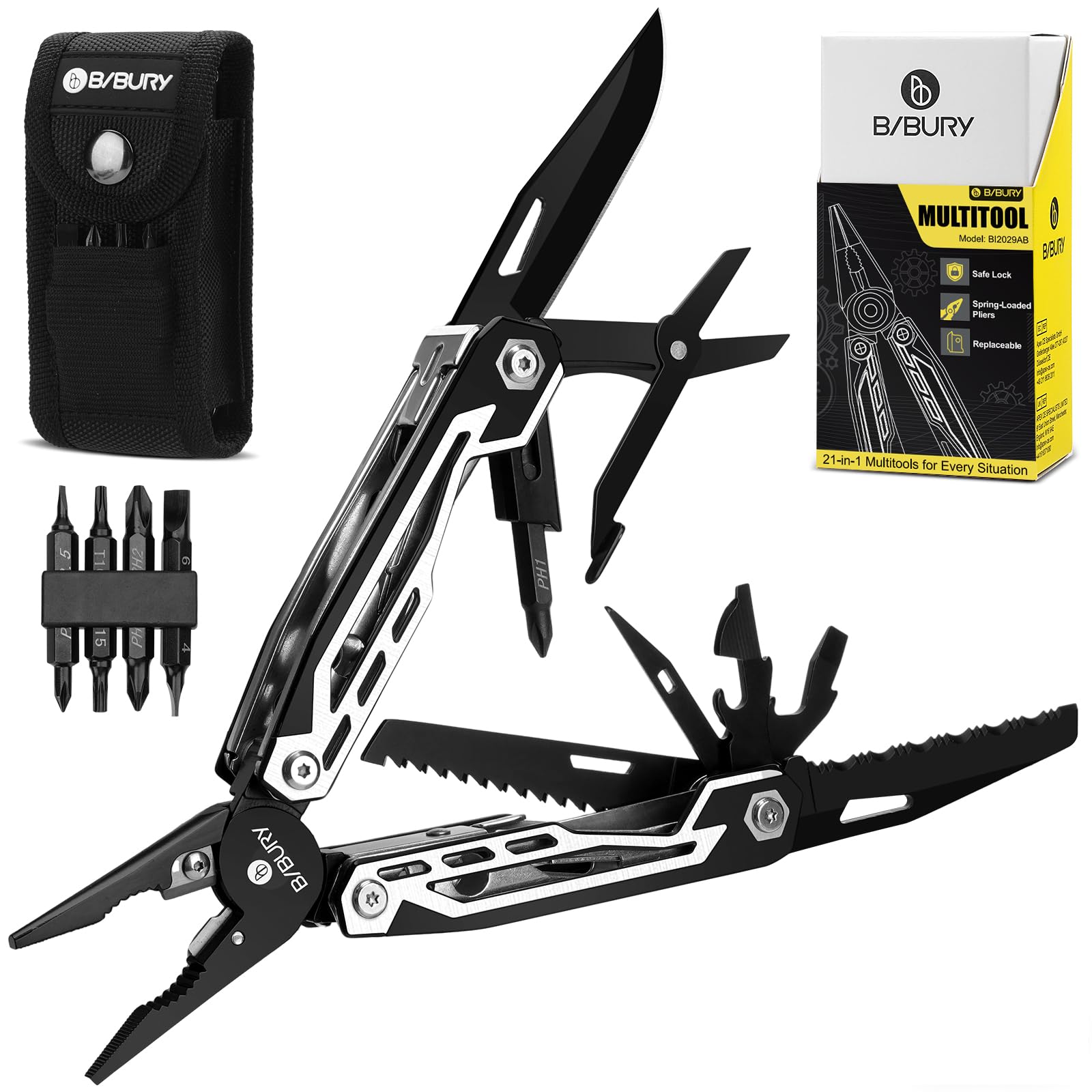 BIBURY Multitool, 21-in-1 Stainless Steel Pocket Knife with Scissors, Self-locking Multi Tool Pliers with Sheath for Outdoor, Survival, Camping, Home Repair, Gadgets for men Gifts for Men