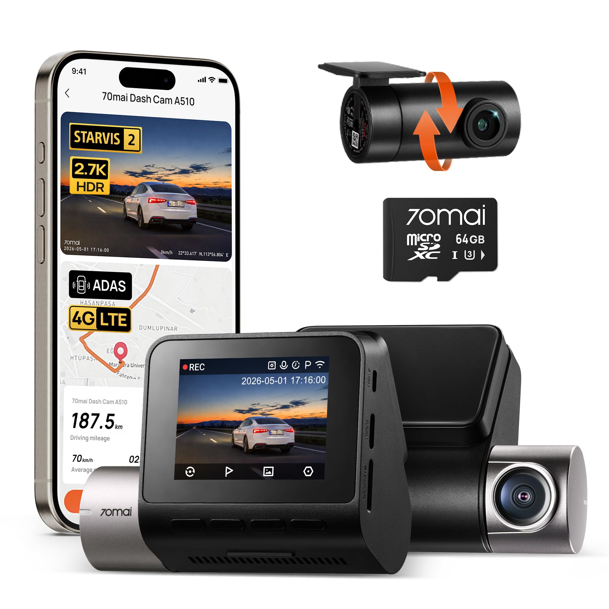 70mai Dash Cam Front and Rear A510,1944P+1080P with STARVIS 2 IMX…