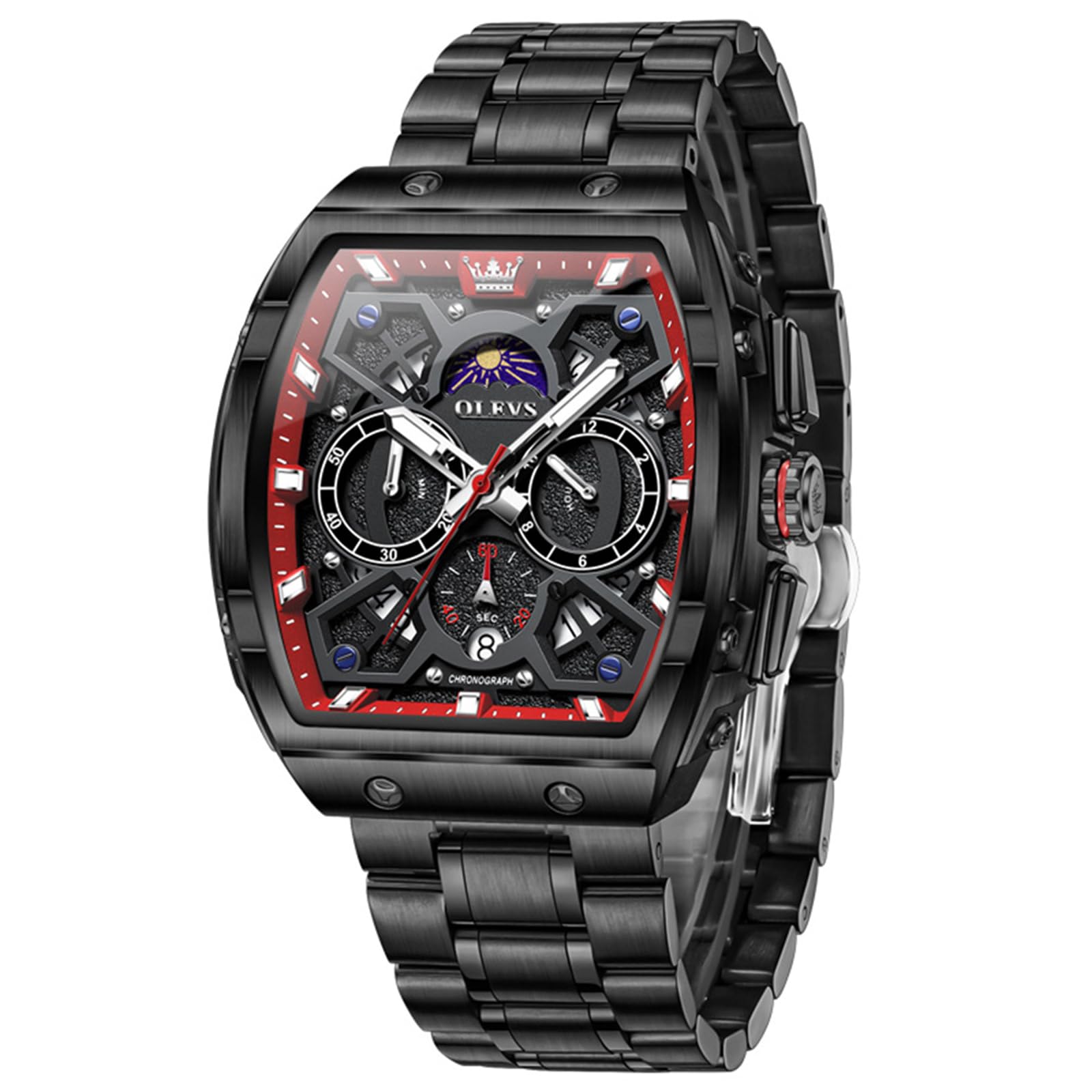 OLEVS Orologio da uomo con cronografo, grande quadrato, in acciaio inox, al | Tonneau Design, orologio da polso con grande quadrante da 44 mm, impermeabile fino a 30 m, con fase lunare, luminoso