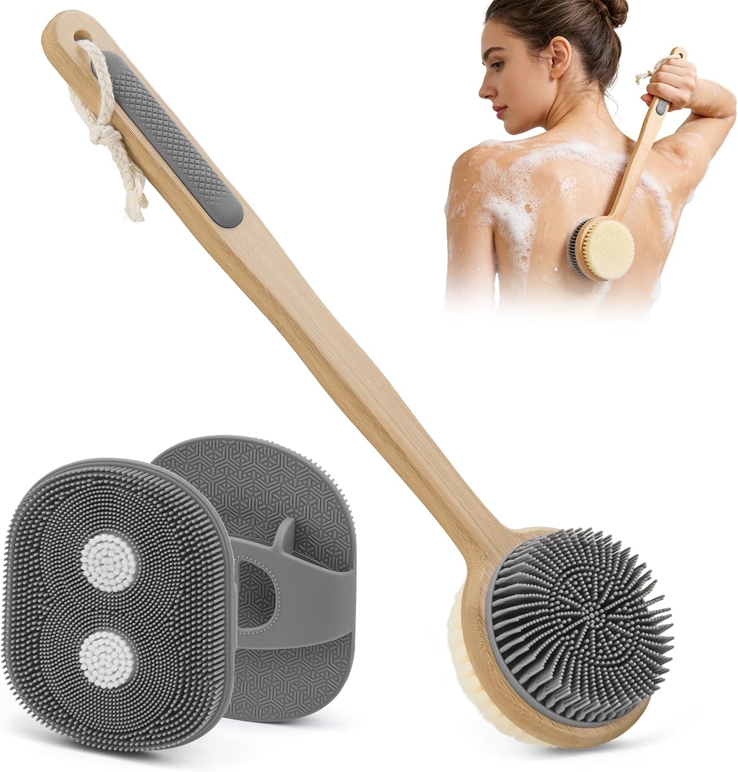 Back Scrubber for Shower + Body Scrubber 2 Pack - Dual Sided Silicone & Nylon Bristles Lather Well, Exfoliating Anti-Slip Wood Long Handle Back Scrubber Body Exfoliator for Wet/Dry Bath Brush Grey