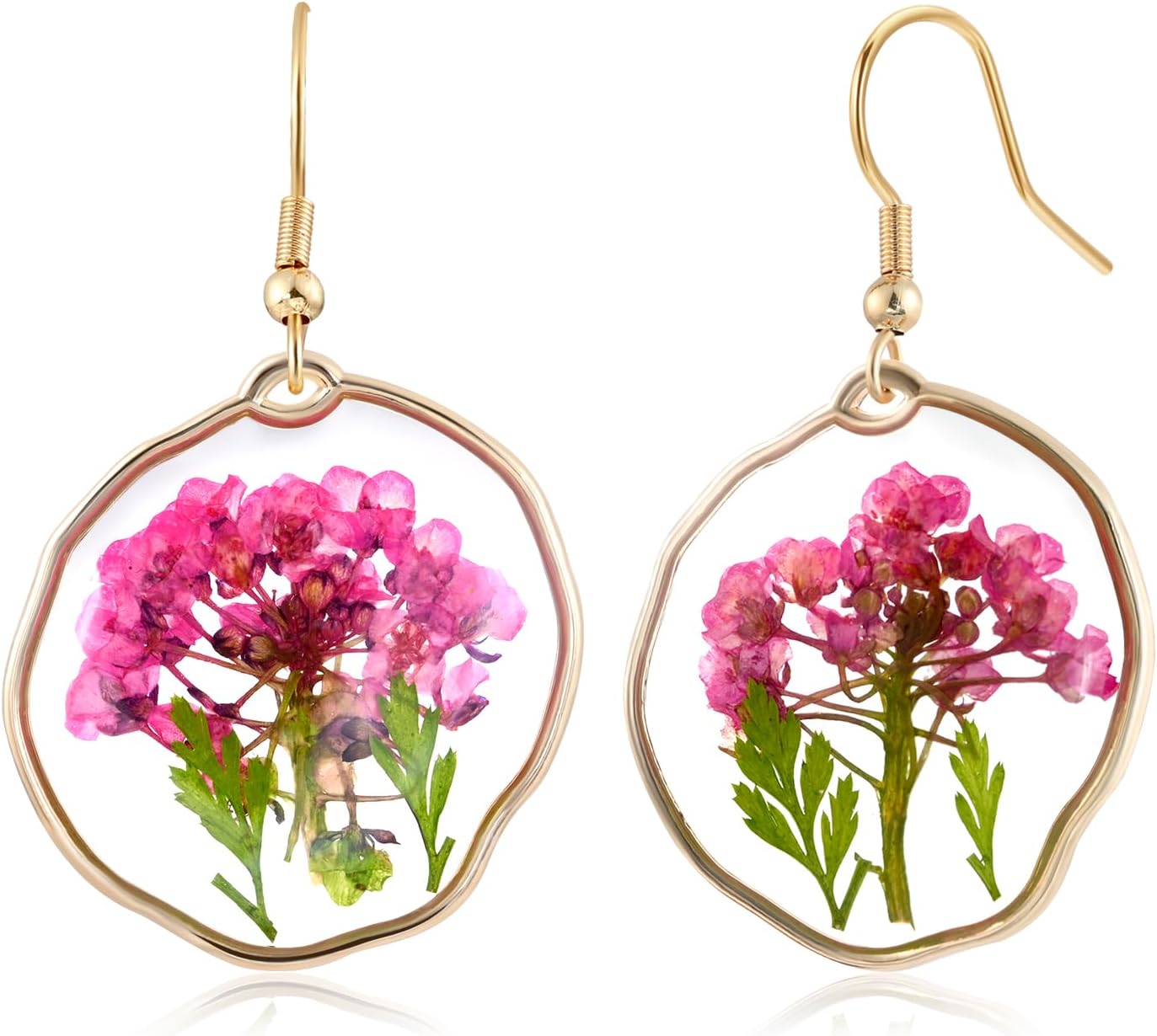 Pressed Flower Dangle Gold Earrings for Women Circle Handmade Floral Resin Earrings Plant Jewelry for Summer or Vacation