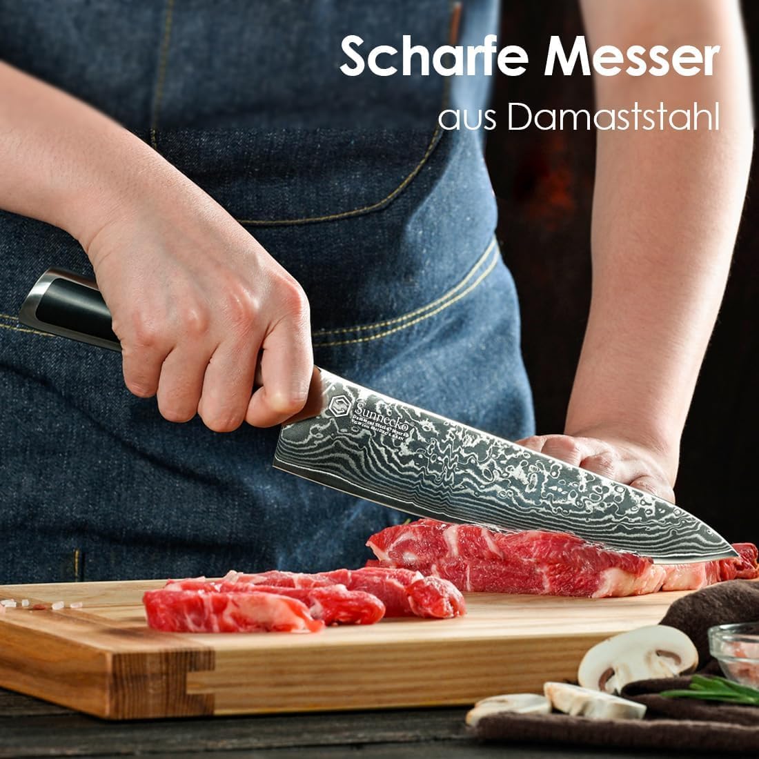 Sunnecko Damastmesser 20cm Kochmesser Küchenmesser | Scharf Messer aus Damaststahl, Damast Küchenmesser mit Ergonomischer Griff, Fleischmesser für Küche