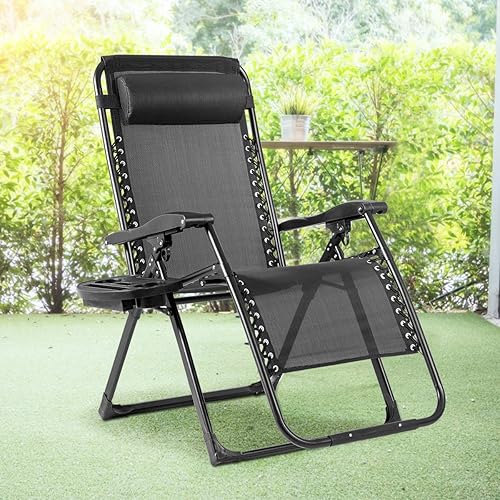 Miniatura 9 de Safstar Silla de gravedad cero, silla de descanso de gran tamaño para exteriores con soporte para tazas y almohada desmontable, reclinable plegable