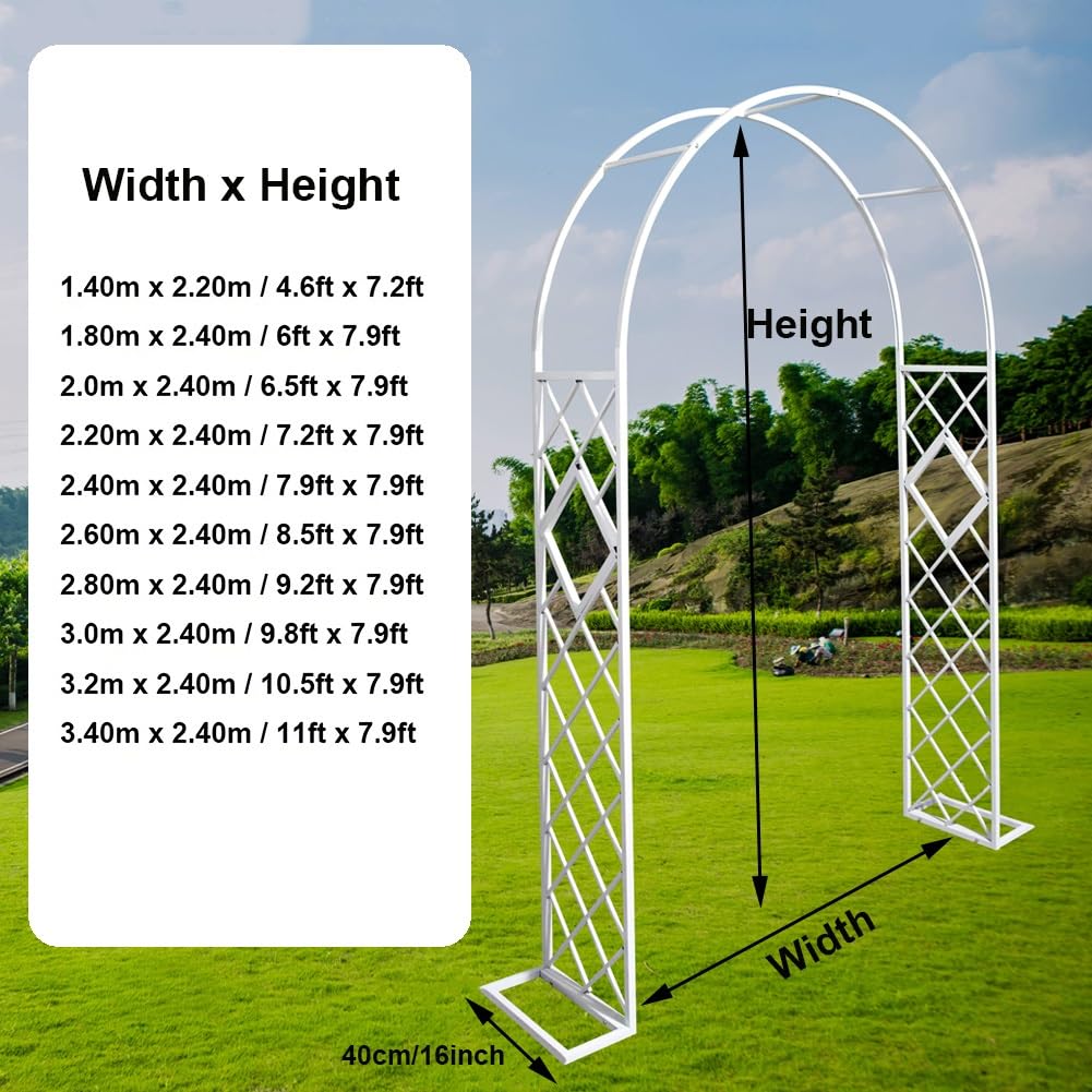 Metalowy łuk ogrodowy do roślin pnących, solidna kratka z różaną altaną, na wesela, balkon, pergolę, wsparcie dla roślin, 120 cm, 250 cm, regulowana wysokość (czarny, 3,2 x 2,40 m)