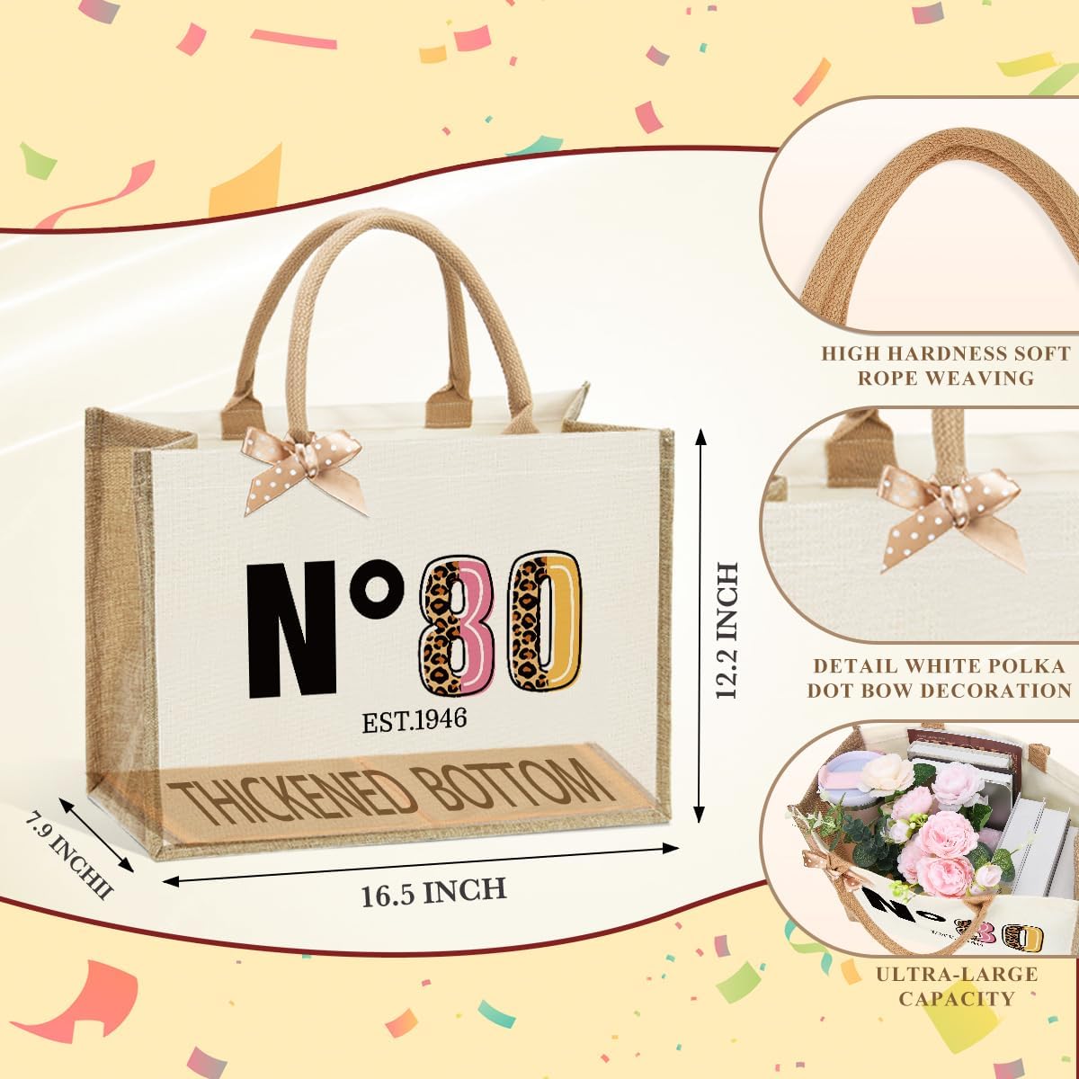 Jute Canvas Tote Bag for Women - 40th 50th 55th 60th 65th 70th 75th 80th Birthday, Mother's Day, Christmas Gift - Image 4