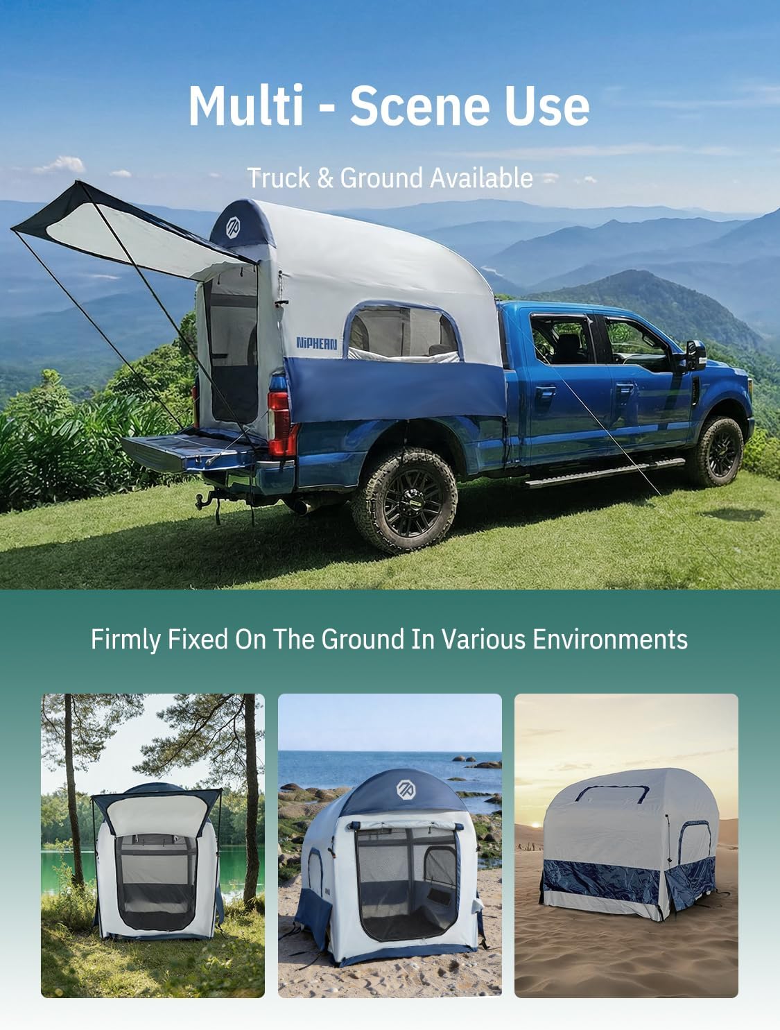Niphean Truck Bed Tent for Camping 5.5ft-8ft for 2+1 People, 2 Mins Fast Setup Inflatable Pickup Truck Tent, PU 3000mm Waterproof & High-Strength Windproof, Spacious Interior for Multi-Landscape