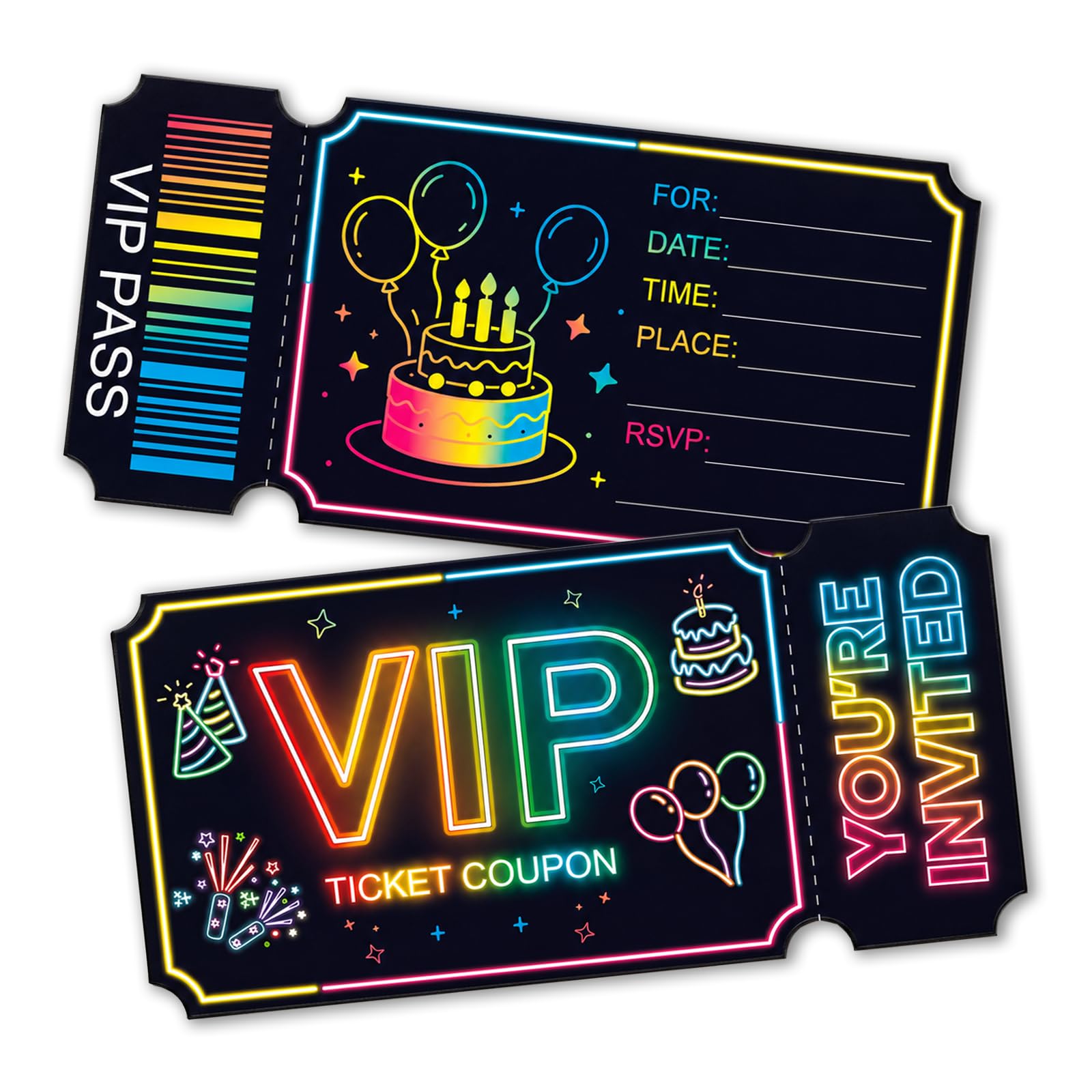 LUMIREX Birthday Party Invitations, Neon VIP Ticket Party Invitations Kids, 20PCS (Neon Theme B)