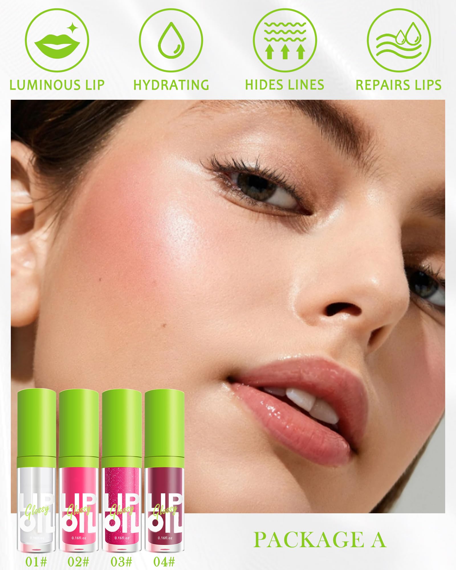 Hydrating Lip Glow Oil-4 Colors Tinted Plumping Moisturizing Lip Care Oil Gloss, Clear Pink Shiny Liquid Lipstick - Image 2