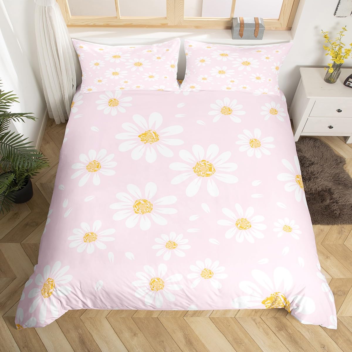 Richhome Multi 09 White Daisy Kids Duvet Cover Set Single Size,Flowers Plants Rustic Farmhouse Bedding Set,Teens Adults Room Decor,Botanical Florals Theme Comforter Cover,Pink Romantic Quilt Cover,1 Pillowcase