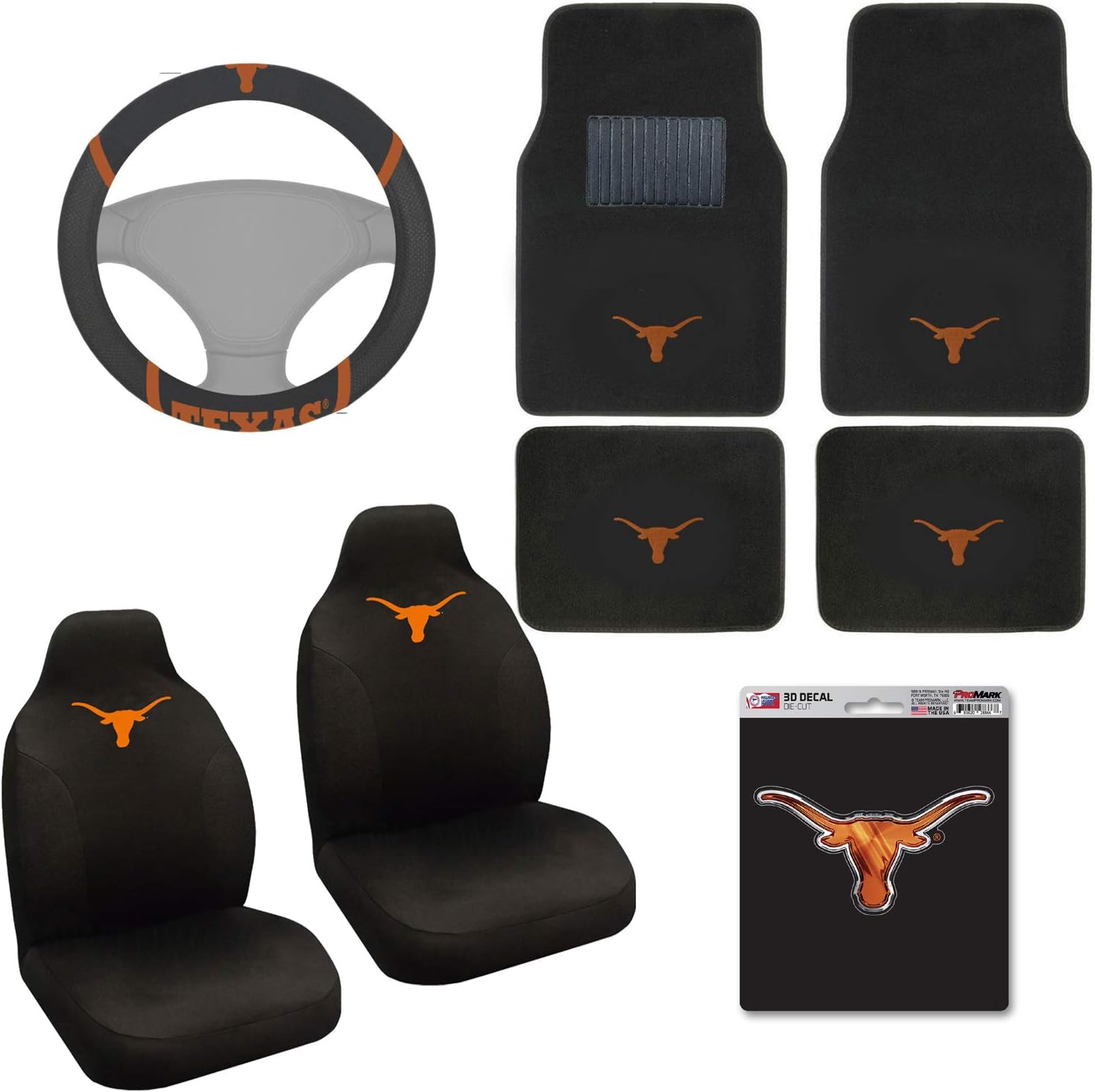 AAC FANMATS NCAA Carpet Floor Mats Bundle with Seat Covers, 3D Decal Sticker and Steering Wheel Cover for Texas Longhorns Fans Officially Licensed(8 Items)