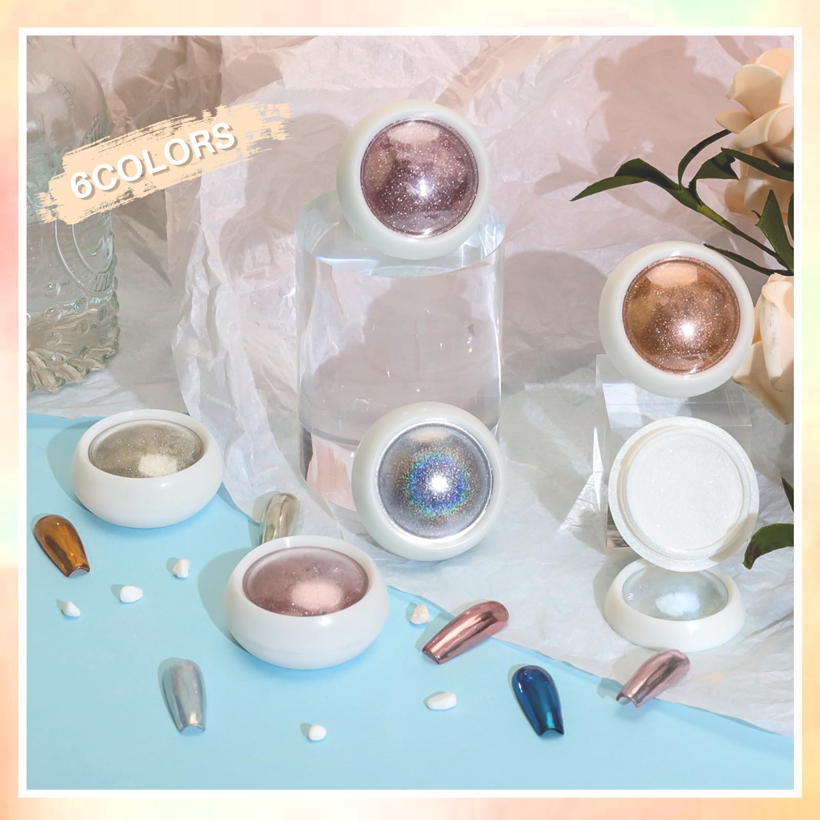 6 chromowanych paznokci w proszku do paznokci, chromowany proszek, metaliczne lustro, holograficzny pigment chromowany, efekt perłowy, puder do manicure i zdobienia paznokci
