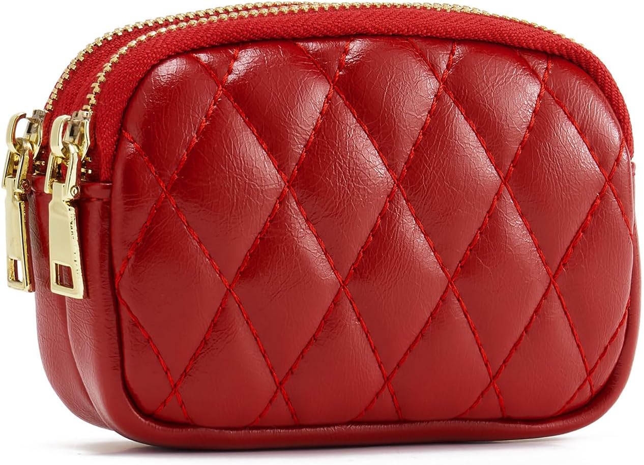 WOZEAH Leather Coin Purse for Women Small 2 Zipper Change Wallet with Key Ring Card Key Coin Cash Holder Pouch(Quilted Red)