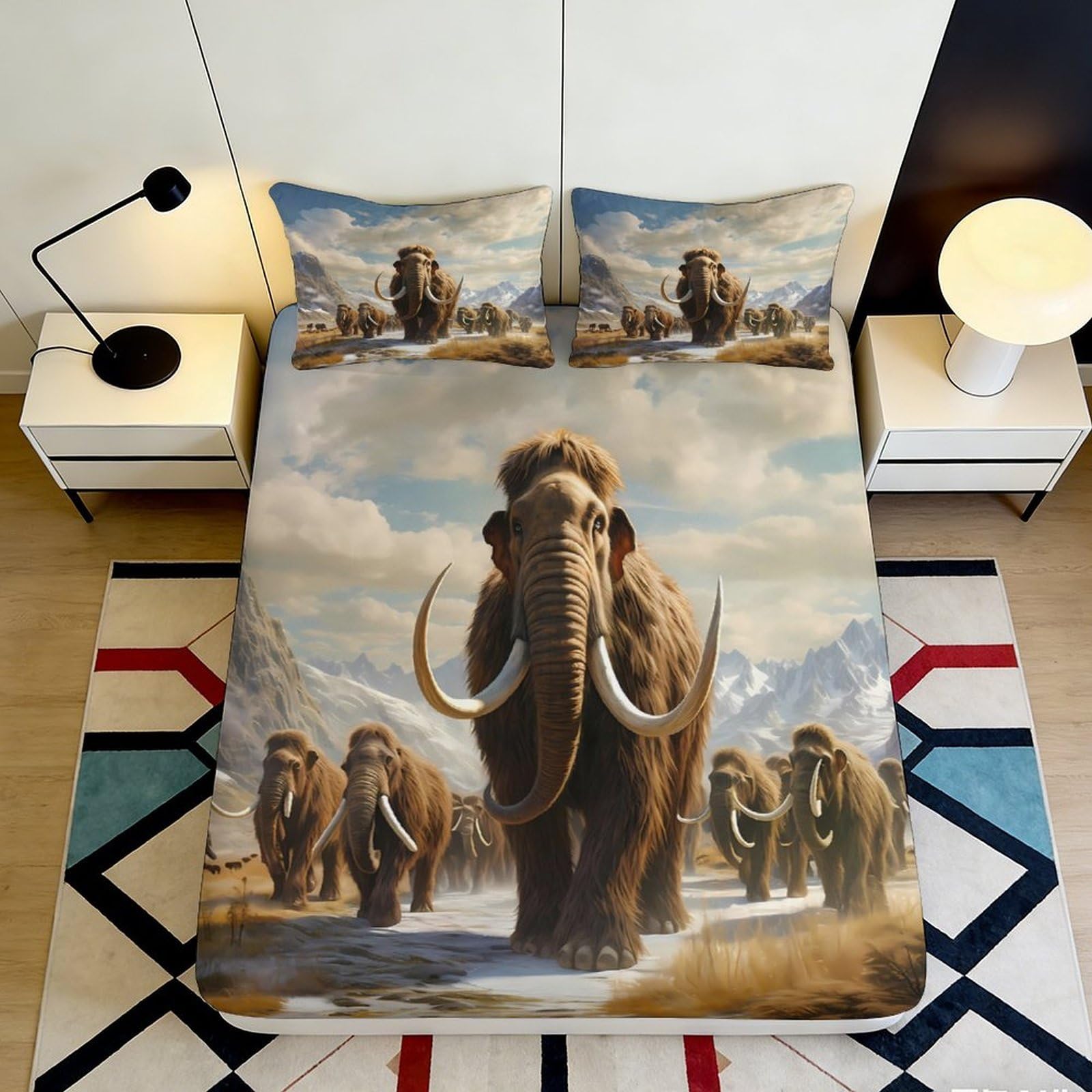 3D Printed Mammoth Fitted Sheet, Microfiber Soft Touch, Wrinkle Resistant, Bedroom Decor, Bed Sheet for Home or Guest Room Bedding, Easy Care, chars 160x200x25cm