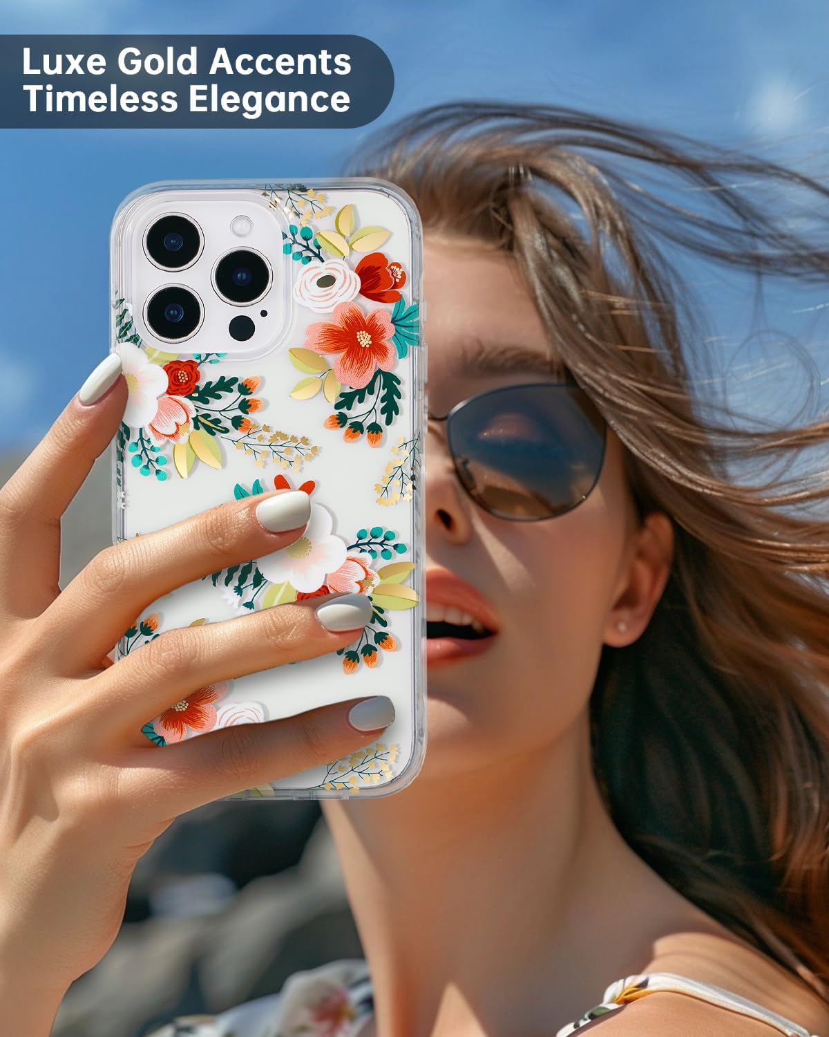 SCORPIFY for iPhone 16 Pro Case with White Primrose Floral Design, Cute Clear Flower Phone Cover for Women Girls, [Non Yellowing] Slim Shockproof Bumper with Gold Accents