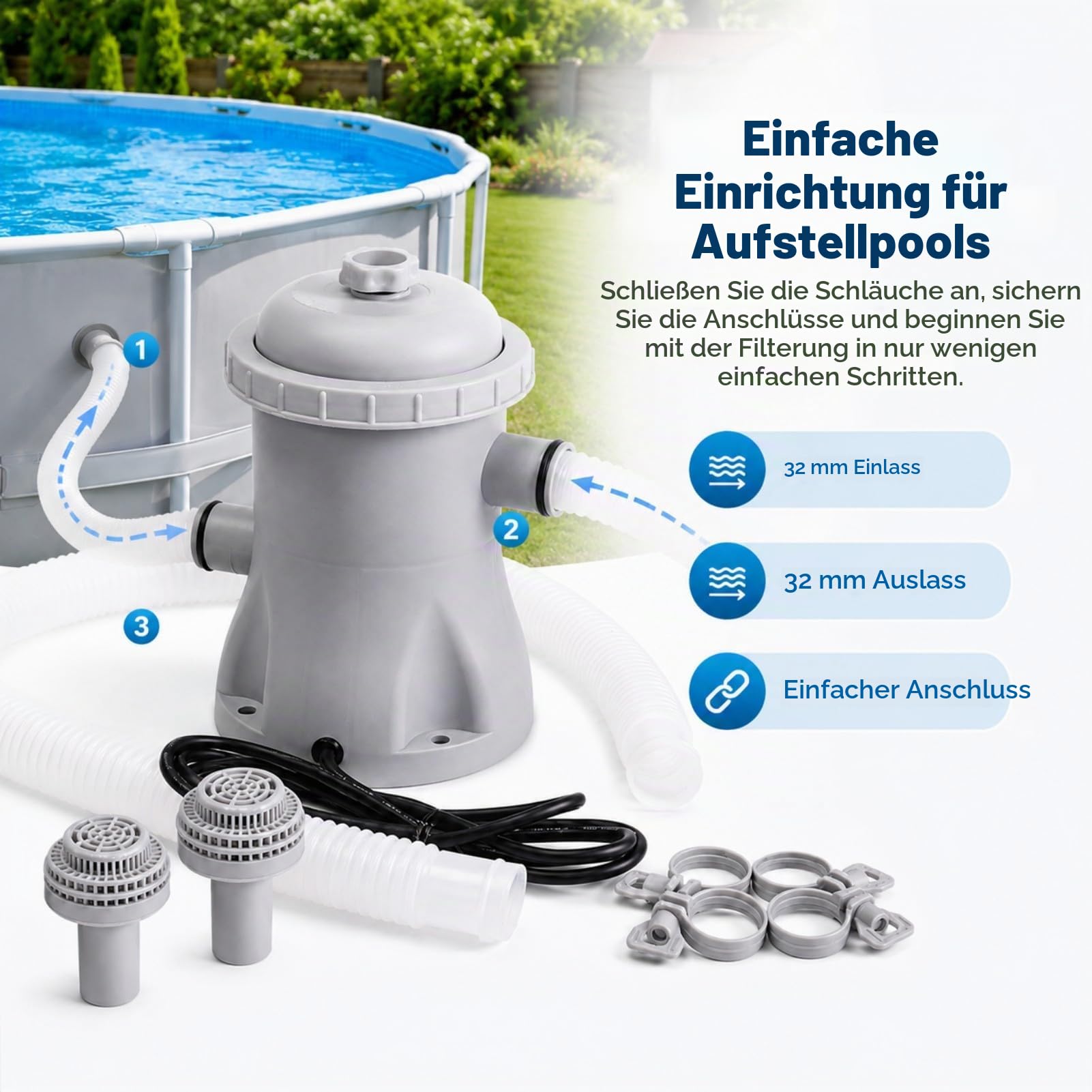330 GPH Pool Filterpumpe oberirdisch, 16W Pool Filterpumpe Komplettset mit Schlauch - Klare Wasserzirkulation, leise versiegeltes ABS-Design für kleine bis mittlere Pools