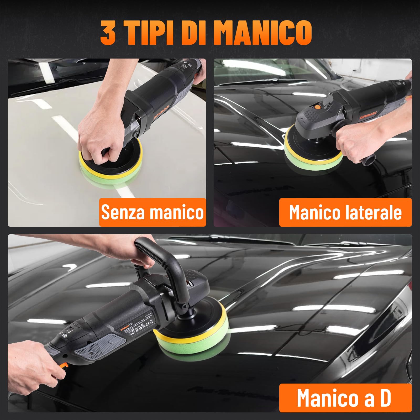 PLS03A Lucidatrice per Auto 1500W, Lucidatrice Rotativa 180 mm/150 mm, 6 Velocità Variabili (600–3000 giri/min), Manico Rimovibile, Kit Lucidatrice per Auto per Car Detailing, Lucidatura e Ceratura