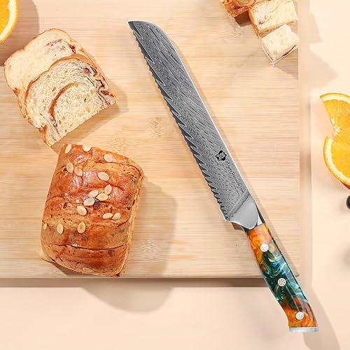 Miniatura 5 de WILDMOK Cuchillo de pan de acero de Damasco dentado, 8 pulgadas, espiga completa ultra afilada, mango de resina, caja de regalo