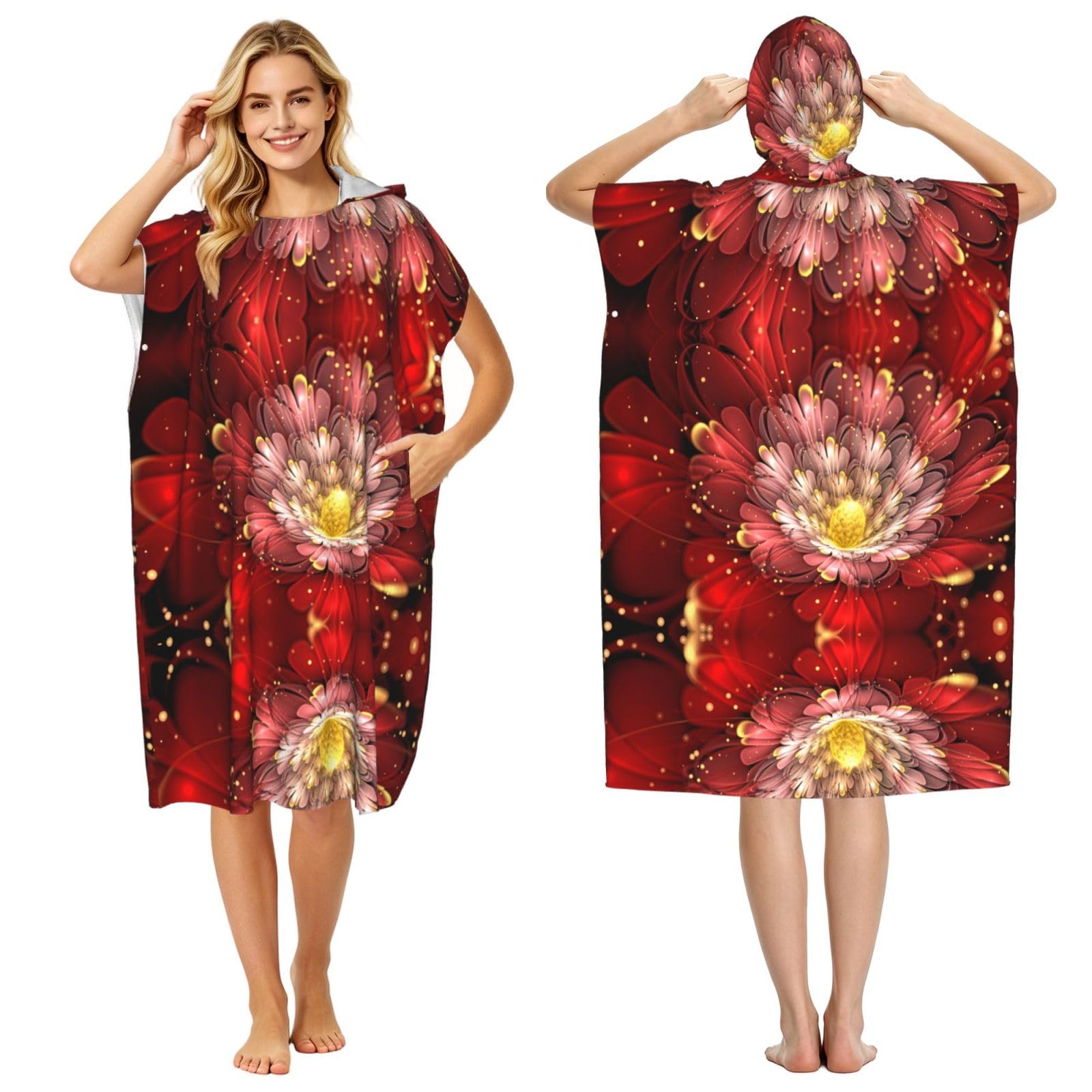 Peignoir à capuche floral rouge doré poncho adulte pour piscine