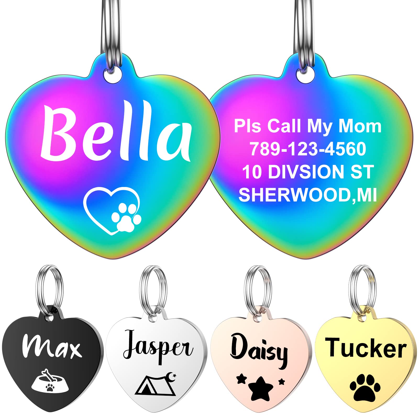 YEHANTI Dog Tags Engraved for Pets Personalized, Custom Stainless Steel Dog Tags and Cat Tags with Various Cute and Beautiful Icons, Double Sided Engraved Pet ID Tags Dog Name Tag (Heart)