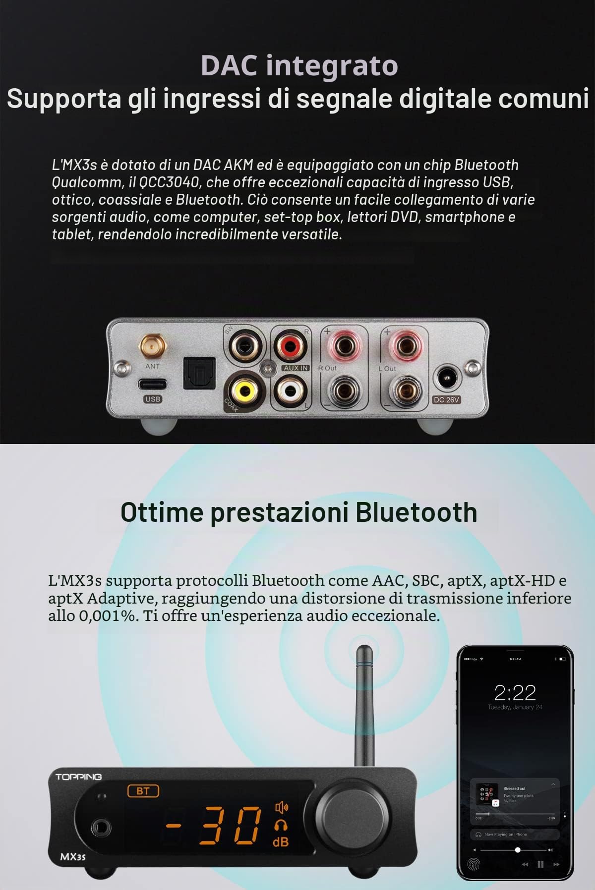 Topping MX3s Amplifier 62W x 2 Classe D amplificatore di potenza Uscita subwoofer 700mW x 2 amplificatore per cuffie 24-bit/192kHz AKM USB C DAC Supporto Bluetooth Nero